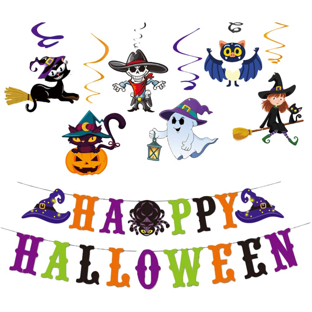 Bestoyard 7Pcs Halloween Banner & Whirl Streamers Set - Cartoon Themed Ceiling Hanging Decorations for Halloween Party, Home, Classroom & Office Decor