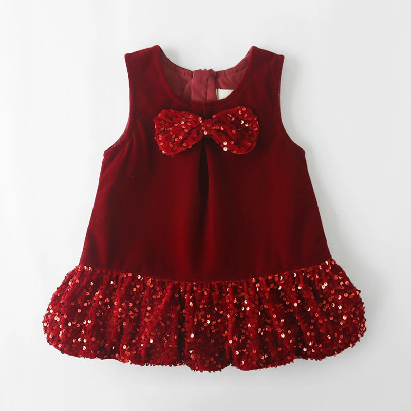 Baby Red Sequin Bow Dress with Velvet Vest - Elegant Holiday Party Outfit for Girls | Perfect for Christmas, Birthday & Special Occasions