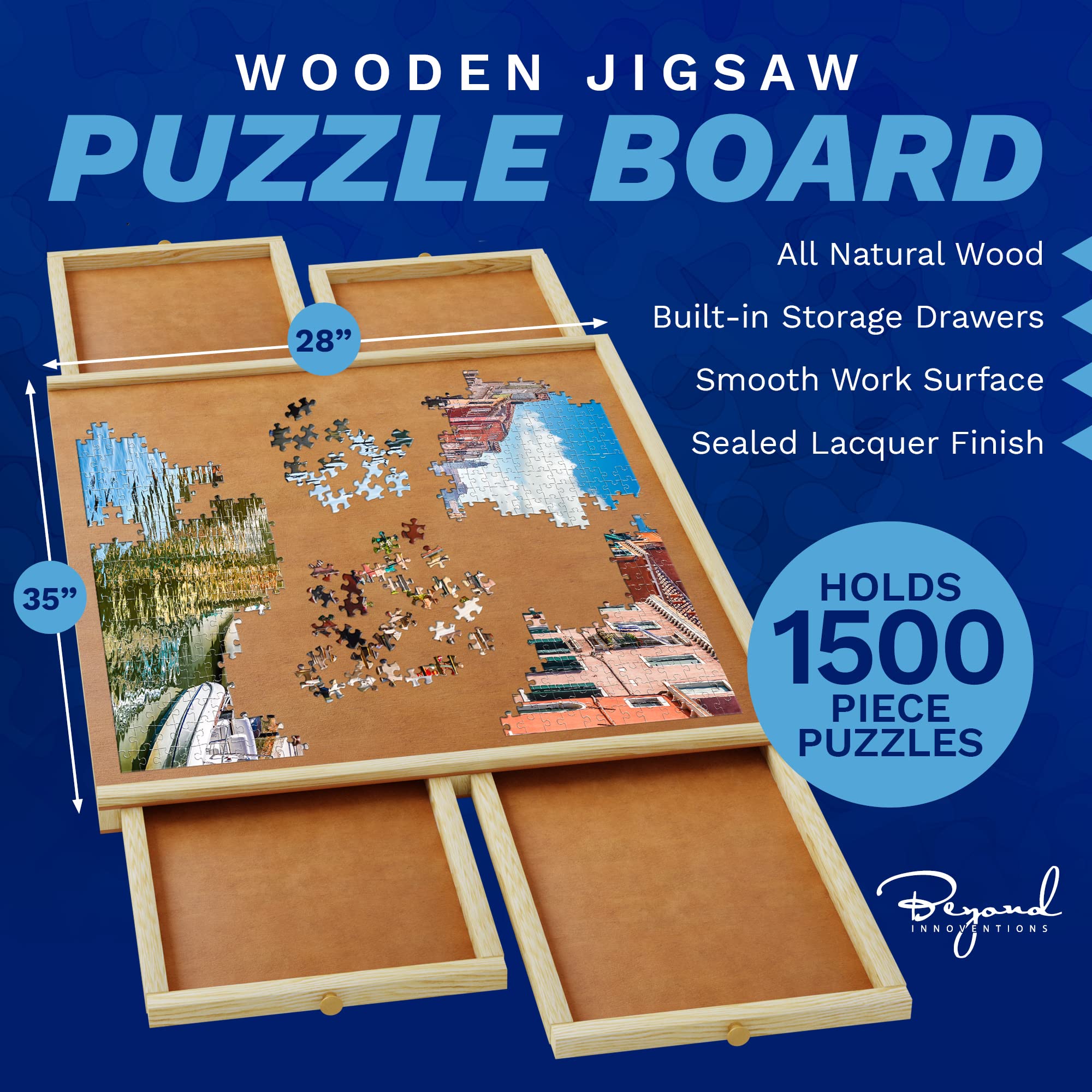 1500-Piece Wooden Jigsaw Puzzle Table with 4 Drawers & Rotating Board - 35