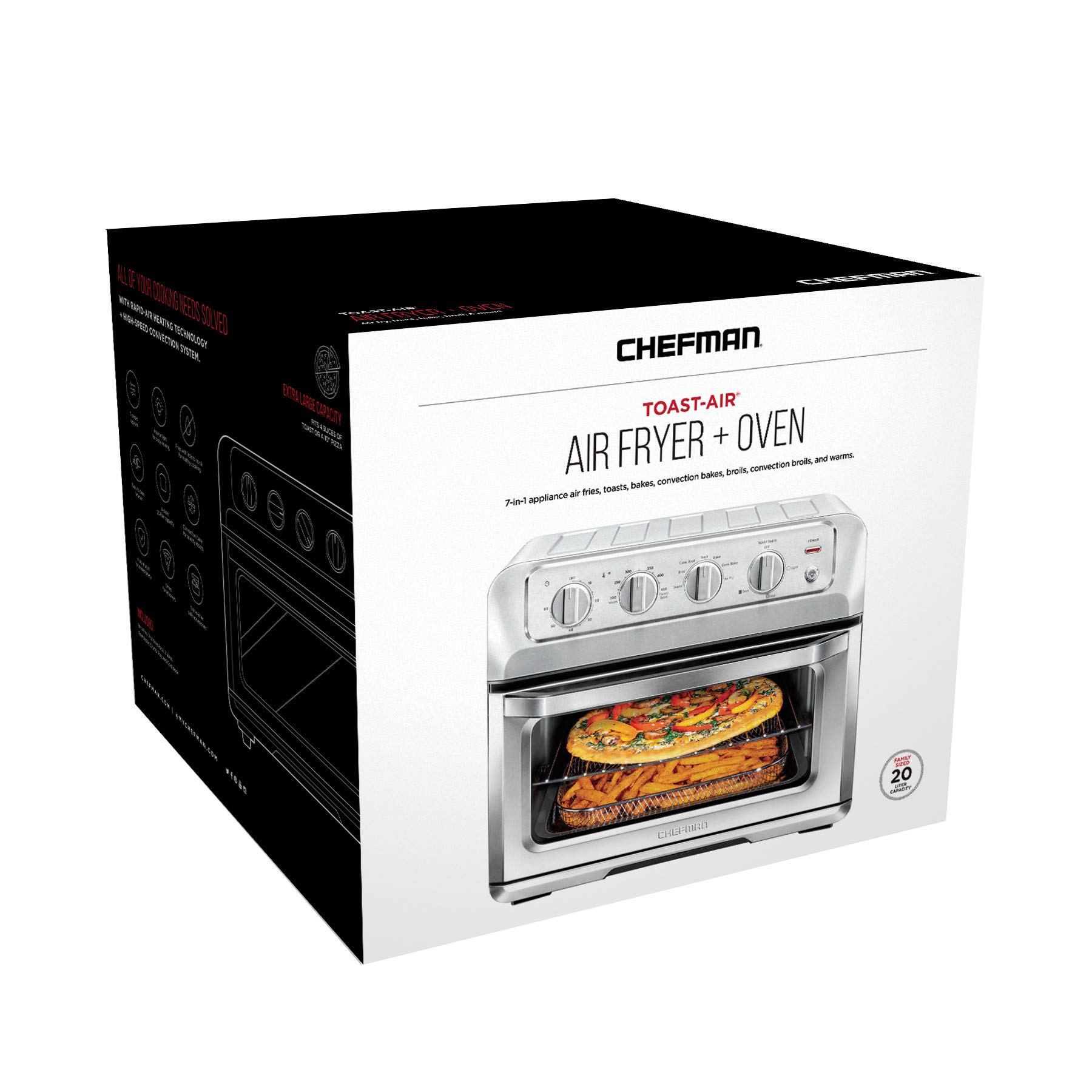 Chefman 7-in-1 Air Fryer Toaster Oven Combo | 20QT Countertop Convection Oven | Cook Pizza, Air Fry Chicken Wings, Toast, Broil | Auto Shutoff & Stainless Steel Design | Perfect for Small Kitchens, Dorms & Quick Meals