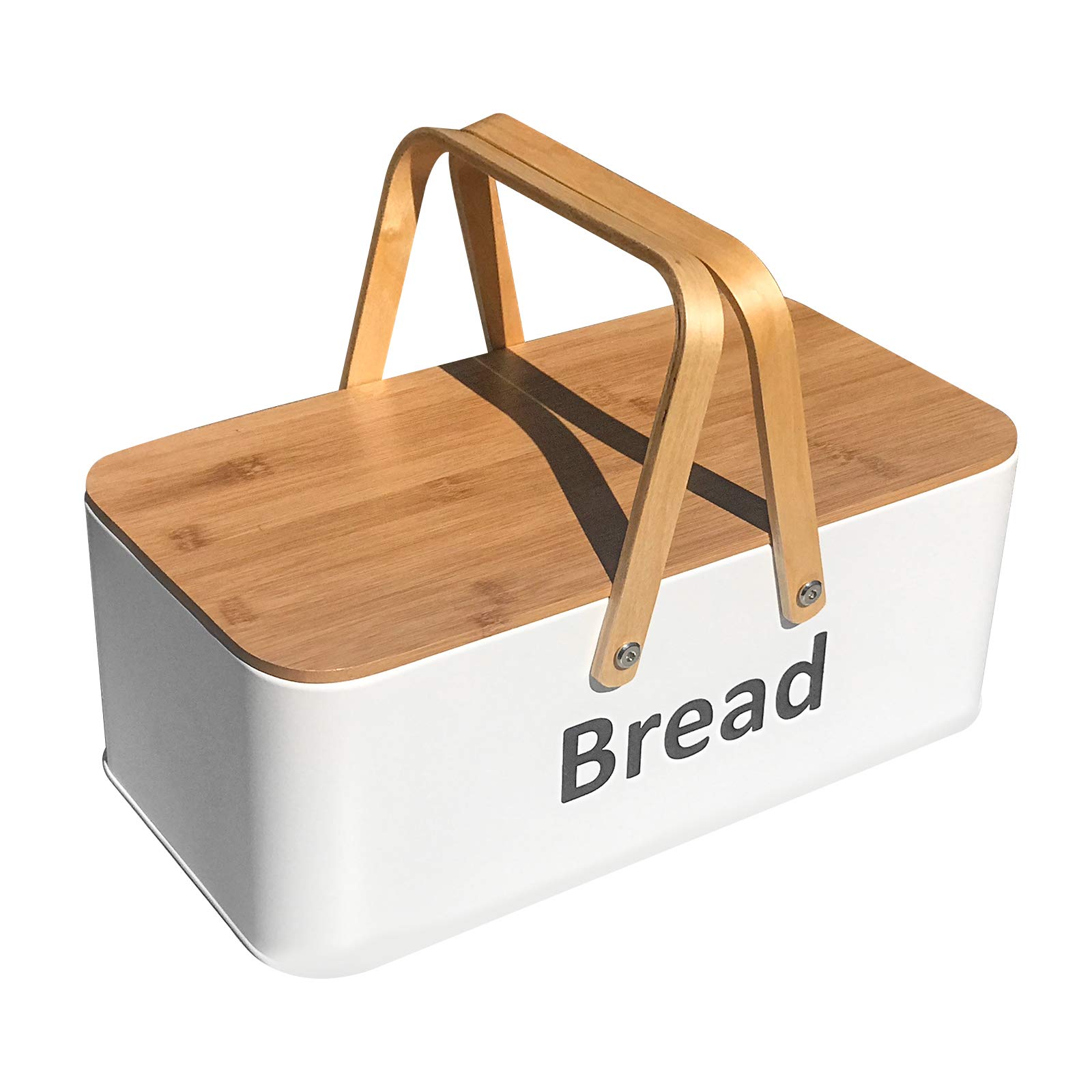 Large Metal Bread Box with Bamboo Lid - Kitchen Counter Organizer for Bread Storage | Modern Food Container with Handle for Home, Camping & Outdoor Use (White)