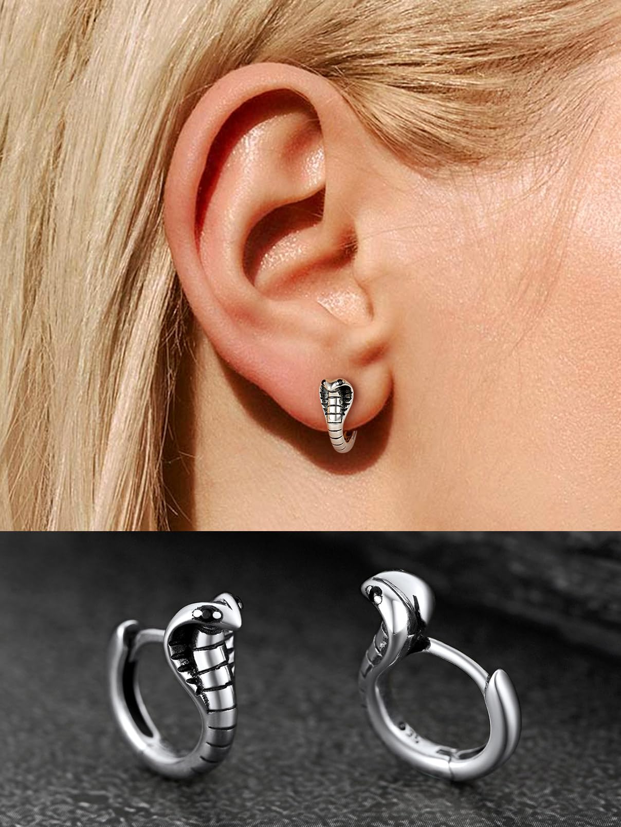 FaithHeart Snake Earrings for Women & Men - 925 Sterling Silver Punk Cobra Stud & Hoop Earrings | Hypoallergenic Dangle Ear Jewelry with Gift Box | Perfect for Gothic, Rocker & Boho Fashion Styles