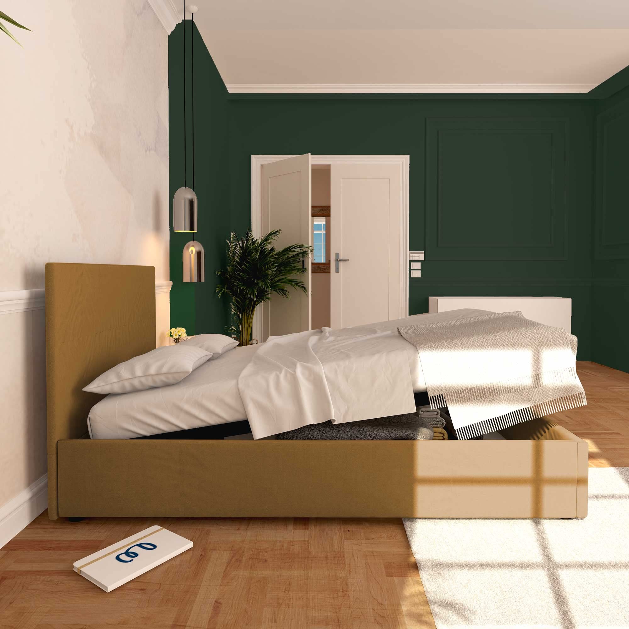 Baldiflex Queen Size Bed with Storage, Rossano Model in Faux Leather, Slatted Base for Queen Mattress, 120 x 200 cm, Elegant Headboard in Light Brown - Perfect for Modern Bedrooms & Small Space Living