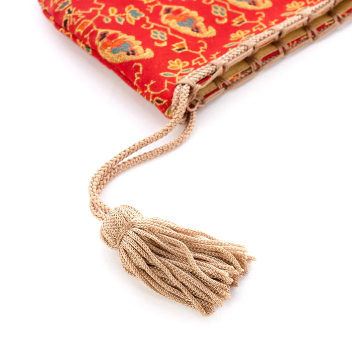 Nishijin Ori Small Drawstring Bag - Handmade Kyoto Japanese Traditional Craft Purse with Floral, Fruit & Tree Patterns (Red) | Perfect for Gift, Cosmetics & Jewelry Storage