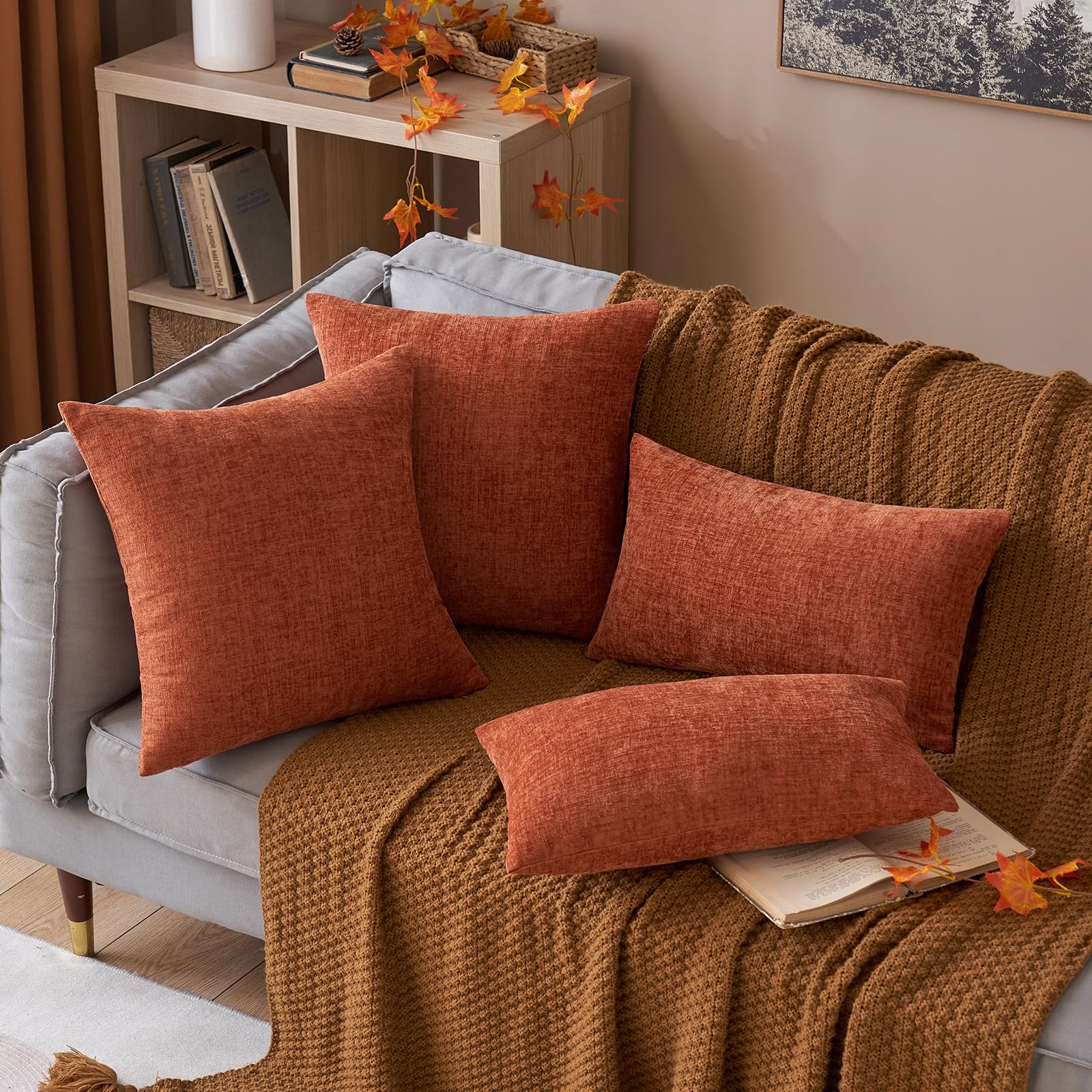 MIULEE 2-Pack 18x18 Inch Soft Burnt Orange Chenille Throw Pillow Covers for Couch, Sofa & Living Room - Solid Dyed Decorative Pillow Cases - Perfect for Home Decor, Cozy Accents & Seasonal Styling