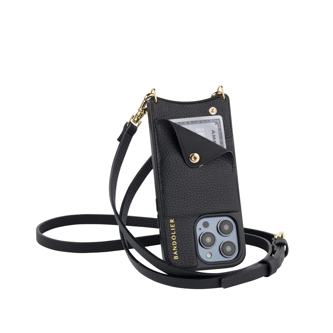 Emma Crossbody Phone Case & Wallet for iPhone 14 Plus - Premium Black Leather with Gold Accents - Hands-Free Fashion Accessory for Women - Perfect for Shopping, Travel & Everyday Use