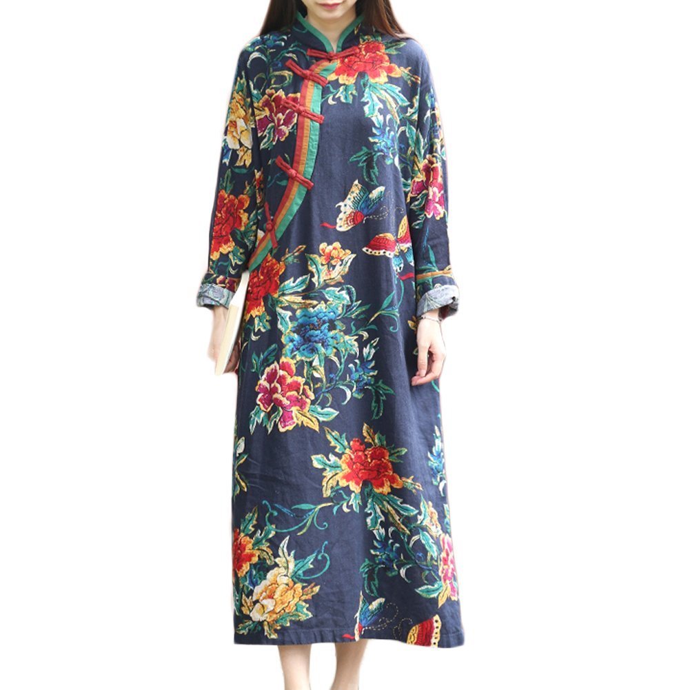 Elegant Floral Print Women's Cheongsam Maxi Dress - Vintage Chinese Style Casual Long Dress (Blue, Size M) | Perfect for Summer Parties, Weddings & Cultural Events