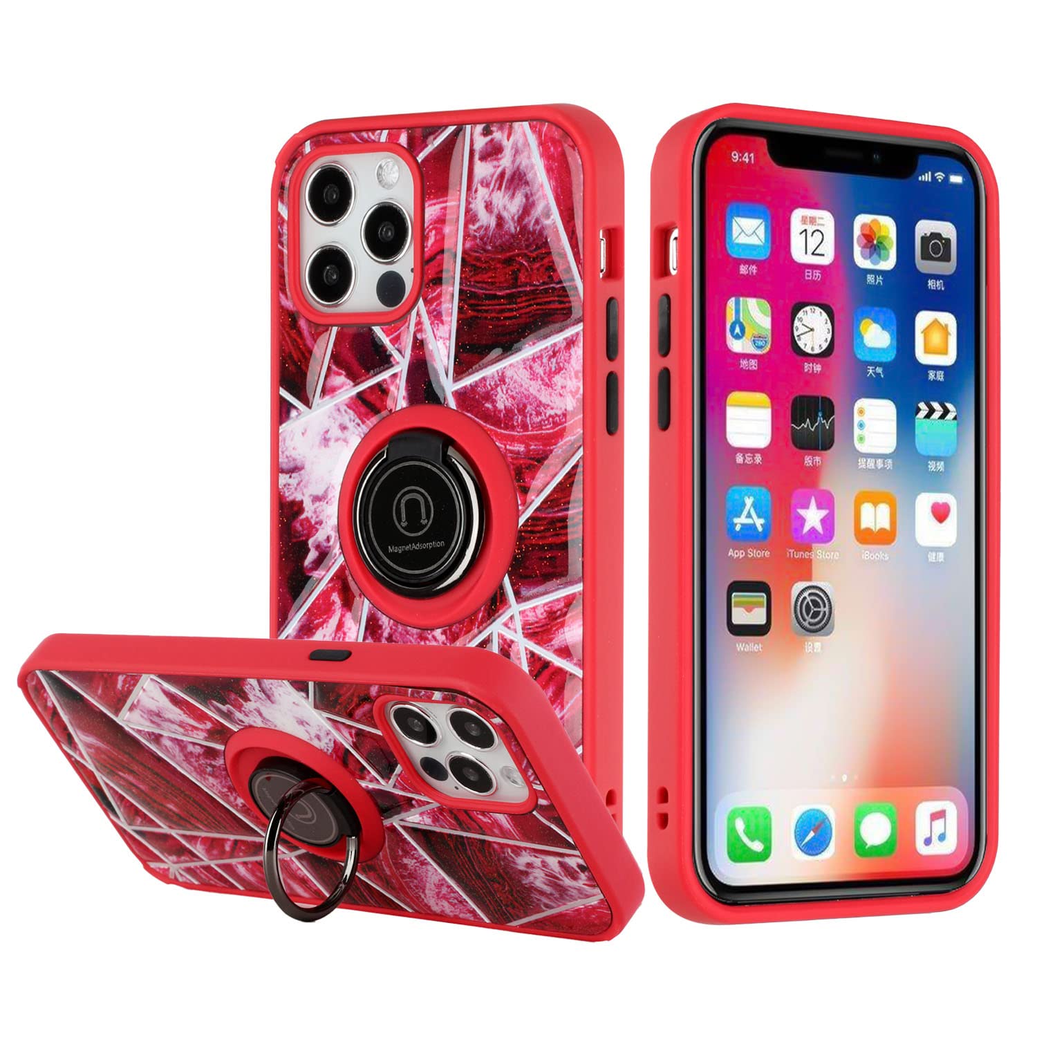 Magnetic Ring Stand Hybrid Case for iPhone 13 Pro Max - Epoxy IMD Design, Anti-Slip Grip & 360° Rotation - Perfect for Work, Travel and Hands-Free Video Calls