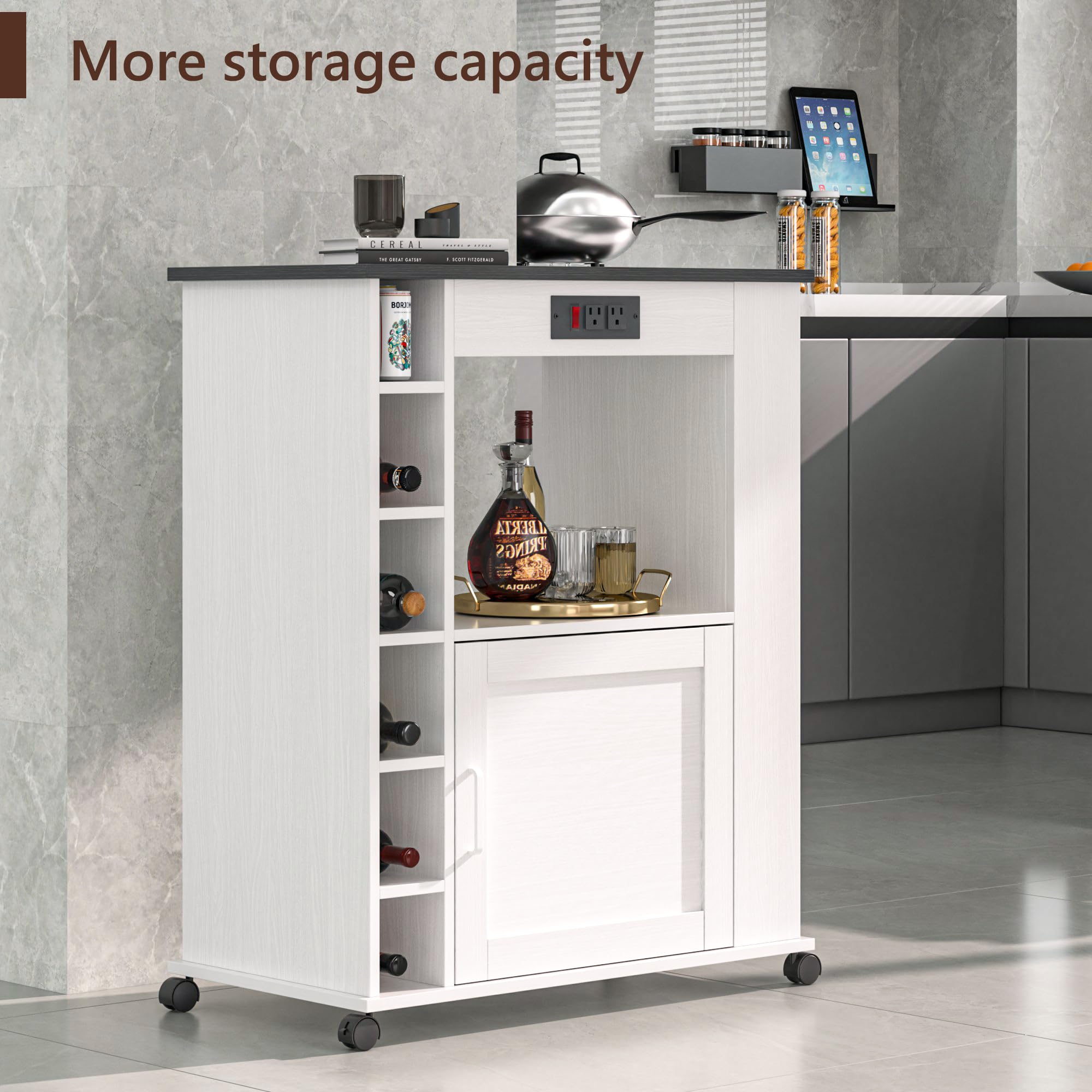VECELO White Rolling Kitchen Island Cart with Large Storage, Microwave Stand, Open Shelves & Wine Rack - Mobile Bar Cabinet with Power Outlet for Dining Room, Living Room, Kitchen & Home Entertaining