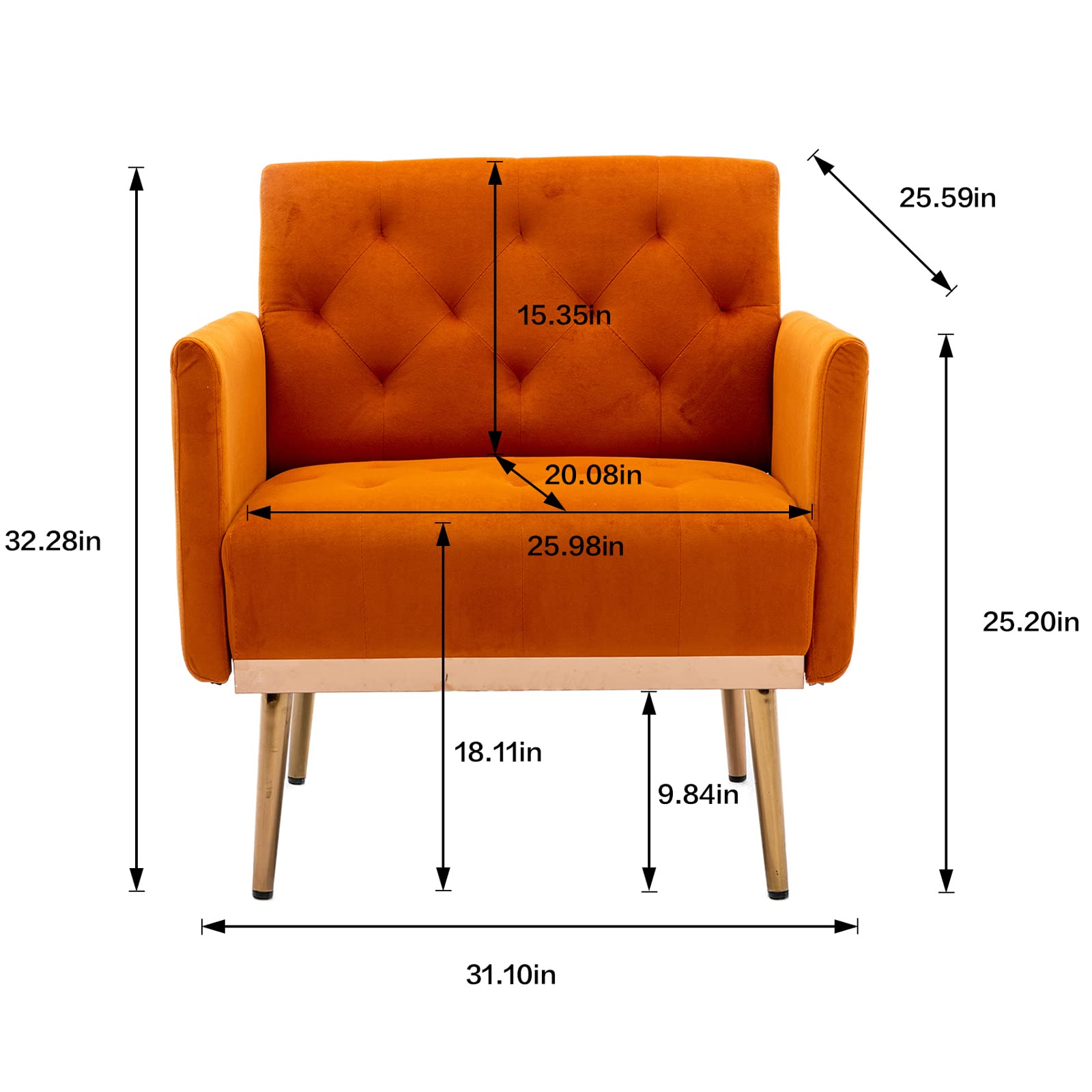Modern Velvet Accent Chair with Gold Metal Feet - Comfortable Single Sofa Chair for Living Room, Bedroom, Office & Small Spaces - Perfect as TV Armrest Seat & Coffee Chair (Orange)