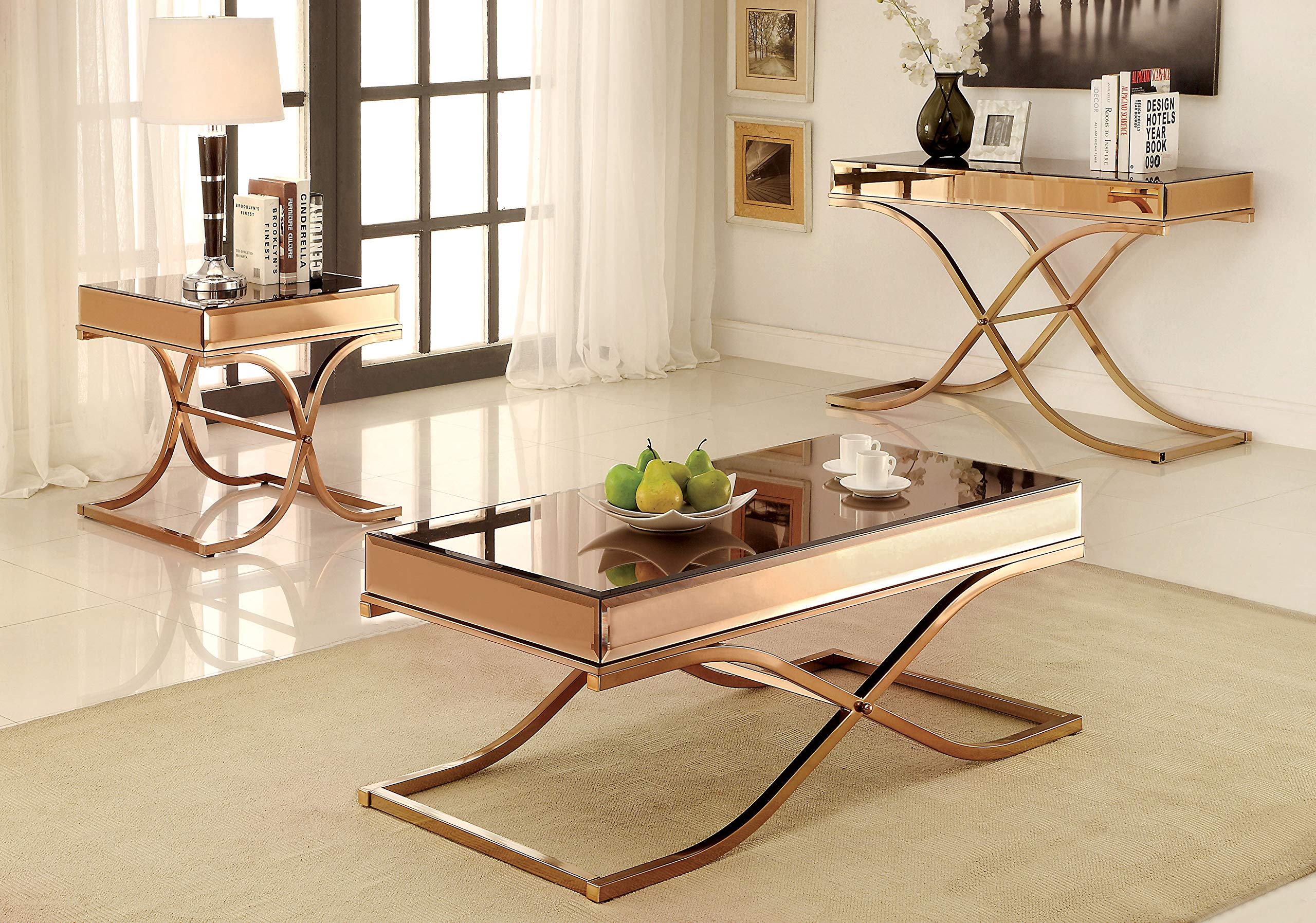 Rosalia Contemporary Mirror Top 3-Piece Coffee Table Set in Brass - Modern Living Room Furniture for Home Decor & Entertaining