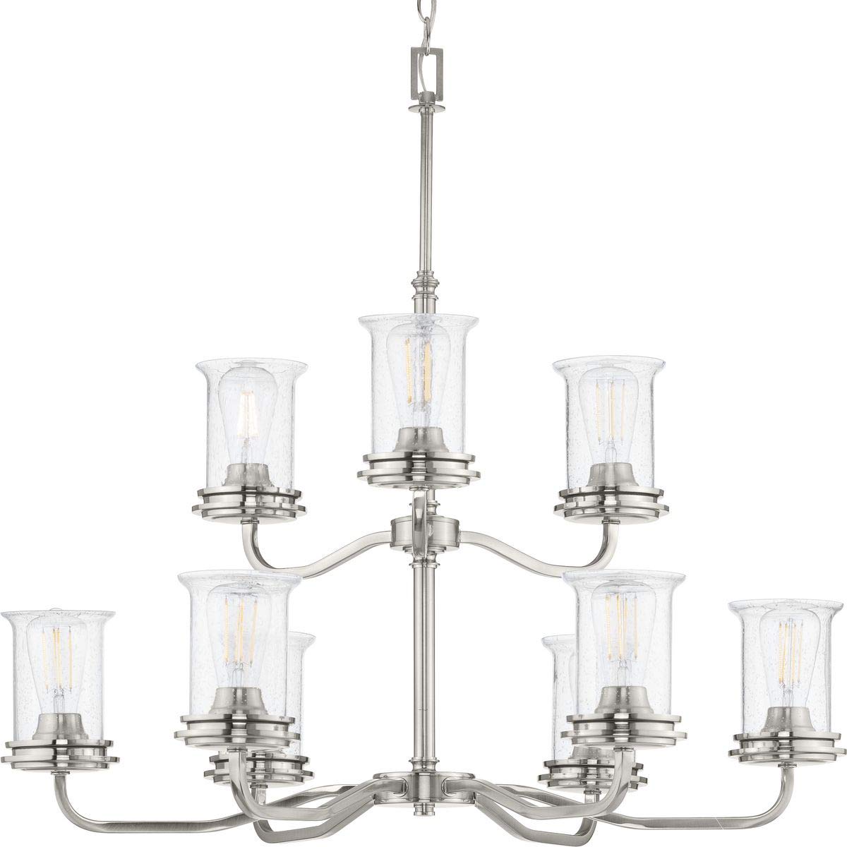 Progress Lighting Winslett Collection 9-Light Clear Seeded Glass Coastal Chandelier in Brushed Nickel - Perfect for Beach House, Coastal Decor & Dining Room Lighting