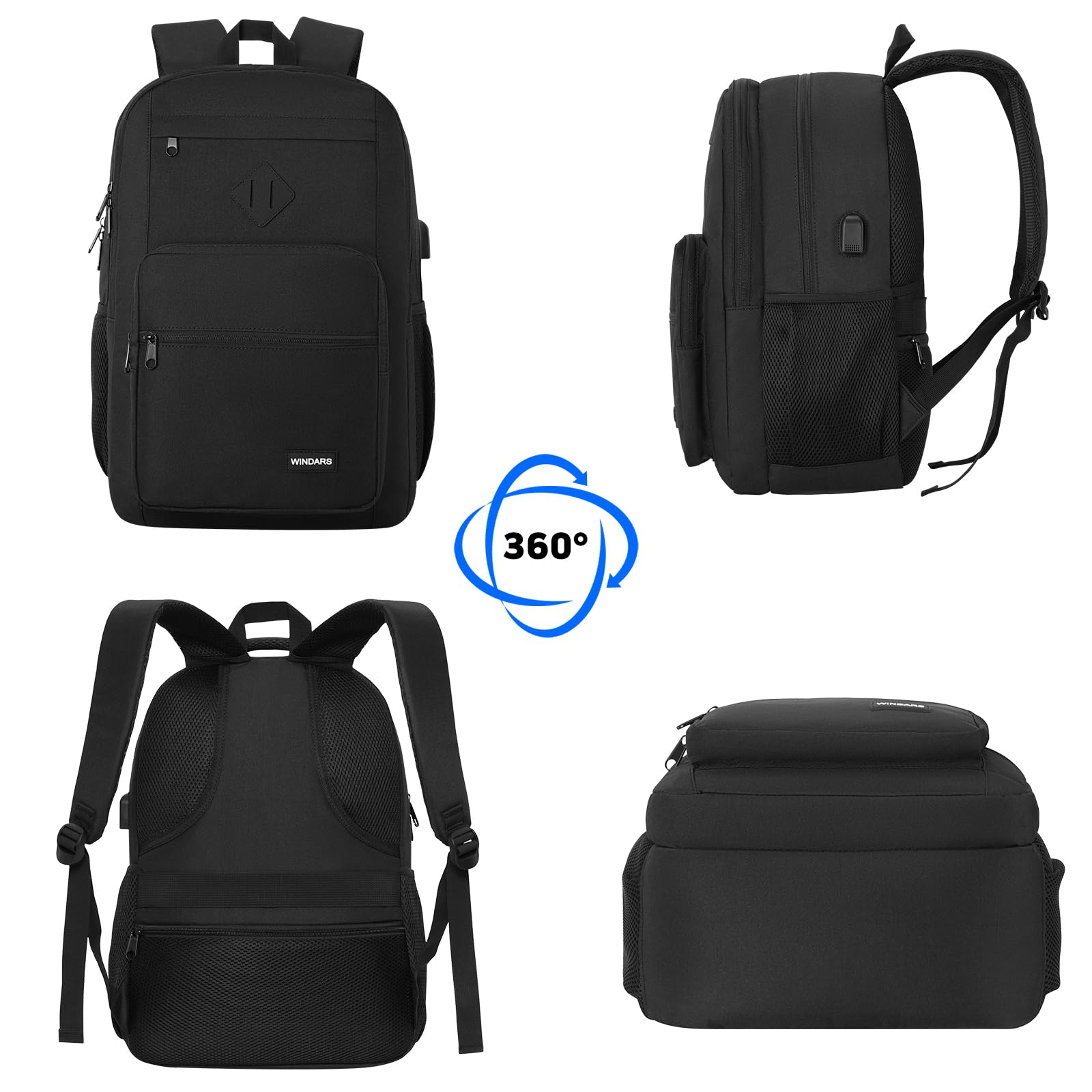 Durable Black Backpack for Men & Women - 17.3 Inch Laptop Bookbag with USB Charger | Water-Resistant School Backpack for College, High School, Work & Travel | Perfect for Commuting, Hiking & Daily Use