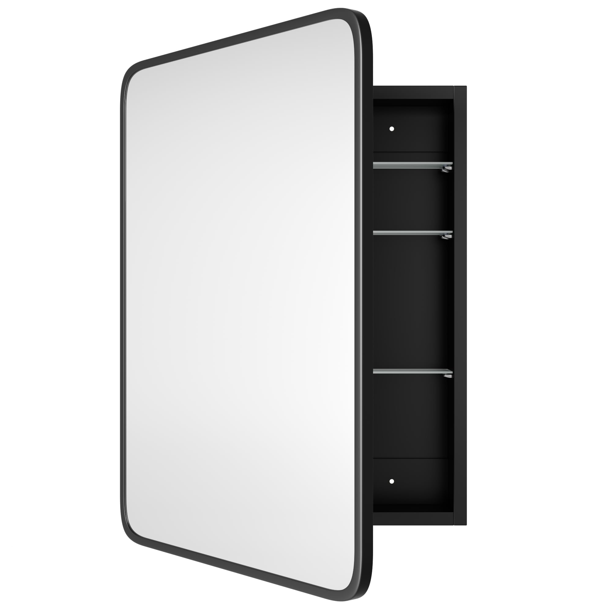 20''x30'' Black Wood Bathroom Storage Cabinet with Metal Frame & Curved Mirror - Recessed Medicine Cabinet for Vanity, Makeup Organization & Bathroom Decor