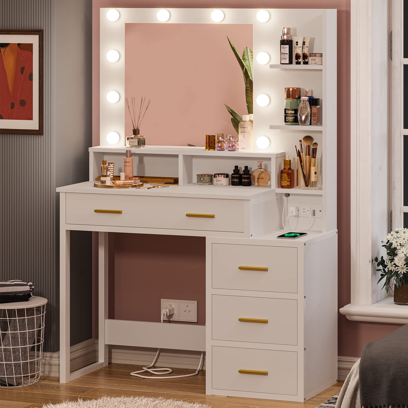 Tiptiper LED Vanity Table with Mirror & Charging - 5 Drawers & Storage for Women - Home Makeup Station