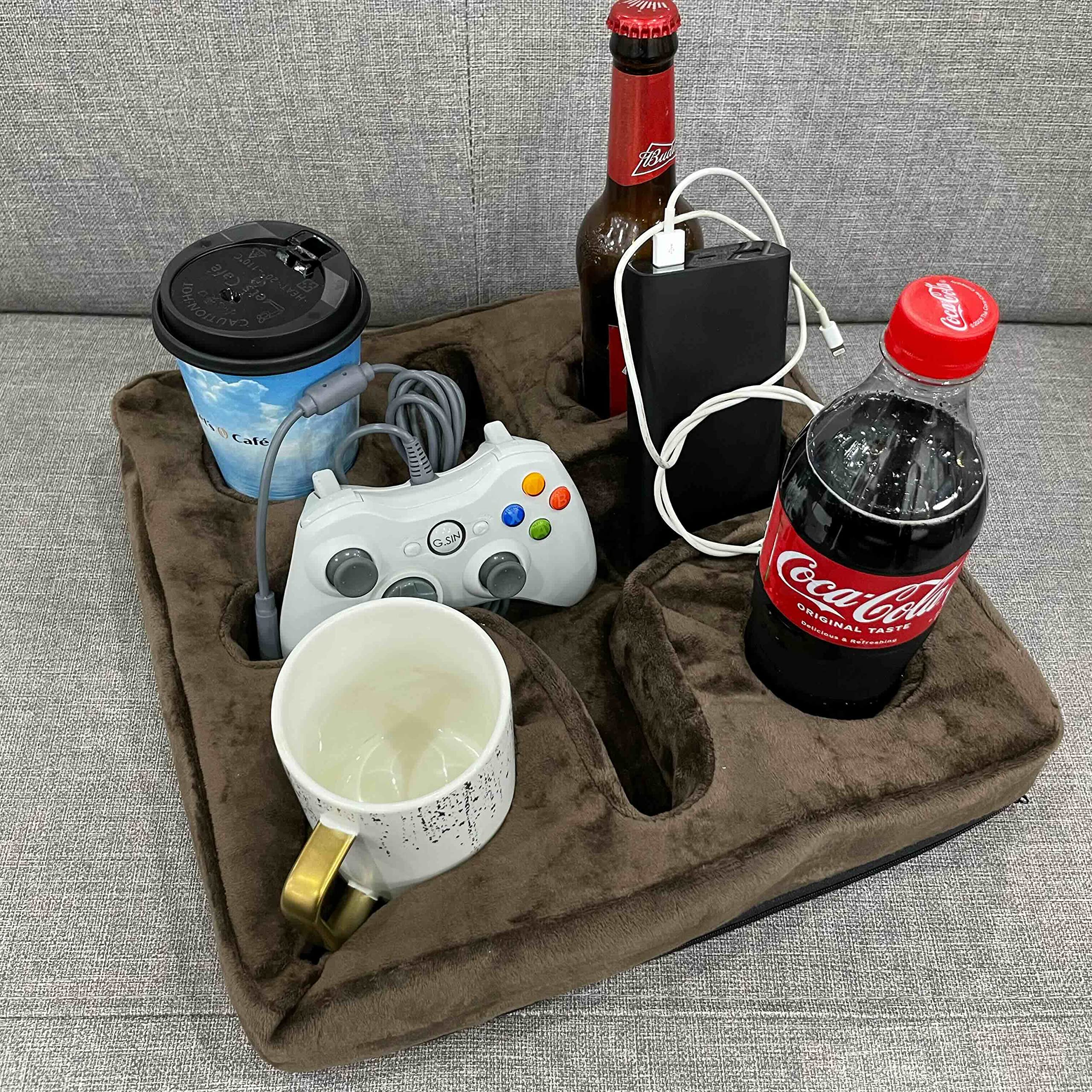 Xchouxer Couch and Bed Cup Holder Pillow - Multi-Functional Sofa Tray for Drinks, Remote Control & Snacks - Comfortable Brown Pillow Organizer for Living Room, Bedroom & Movie Nights