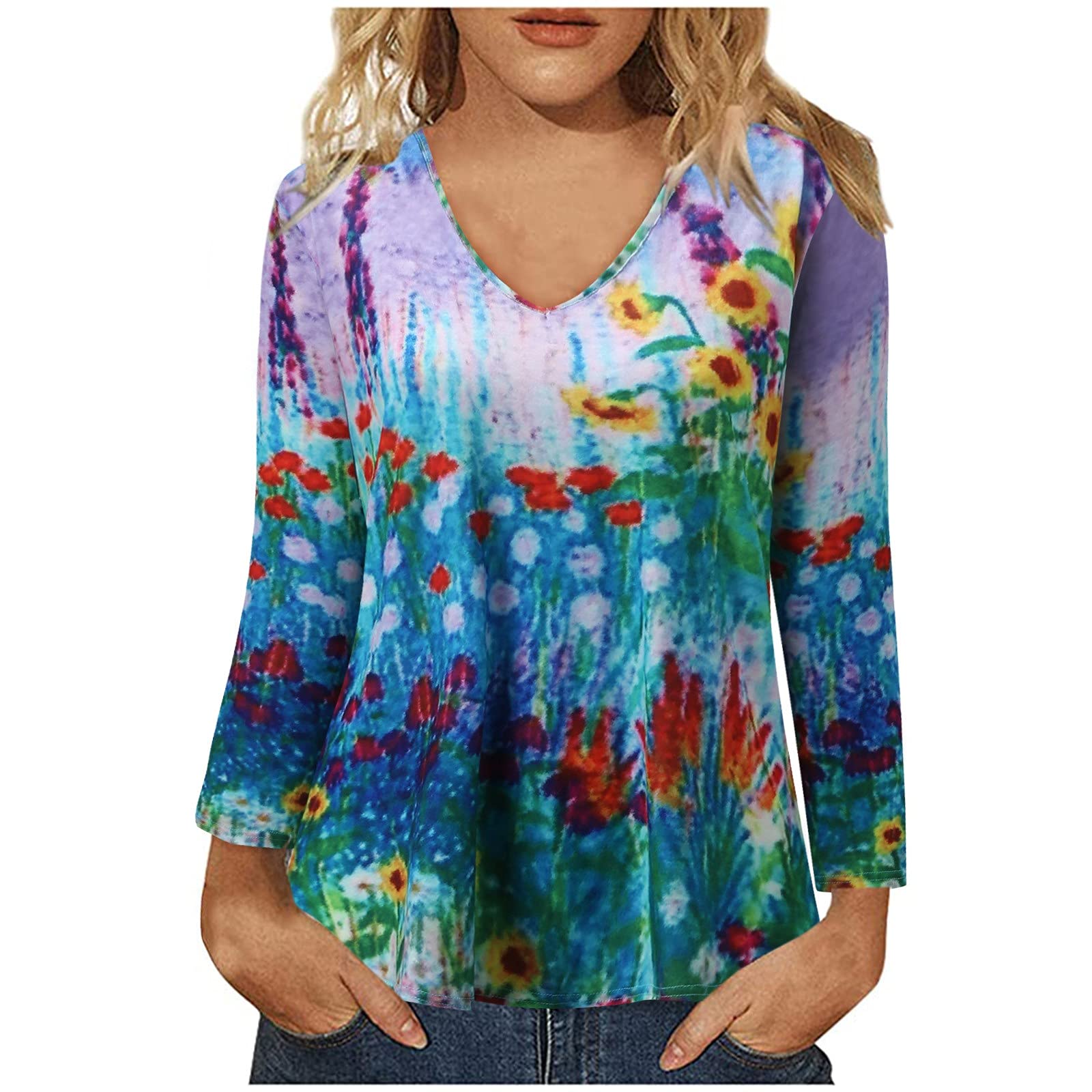 Women's Scoop Neck Long Sleeve Blouse - Floral Print Loose Fit V-Neck T-Shirt for Work & Casual Wear | Autumn Fashion Top | Pack of 1