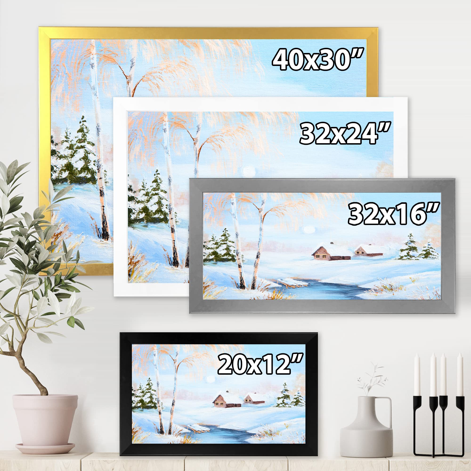 DesignQ Winter Landscape Frozen River In The Forest Lake House Framed Wall Art - Nature Scenery Canvas Painting for Living Room, Bedroom & Office Decor