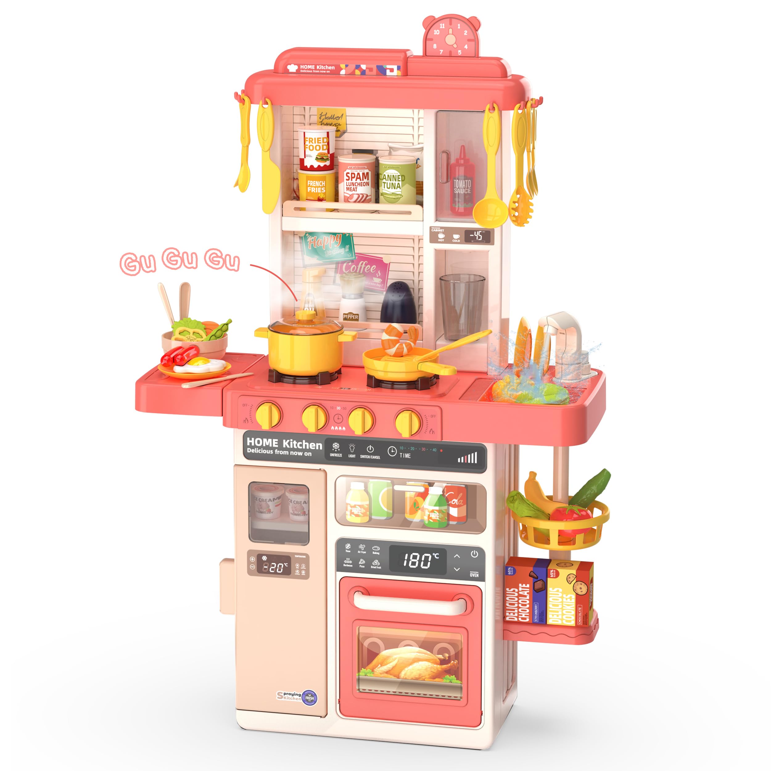 Interactive Kids Kitchen Play Set with 50Pcs Pretend Food & Cooking Toys - Realistic Sound Effects & Simulated Functions for Toddlers Ages 2-12 - Pretend Play, Role Play & Early Learning (Pink) | Perfect for Birthday Gifts, Preschool Education & Family Fun Time