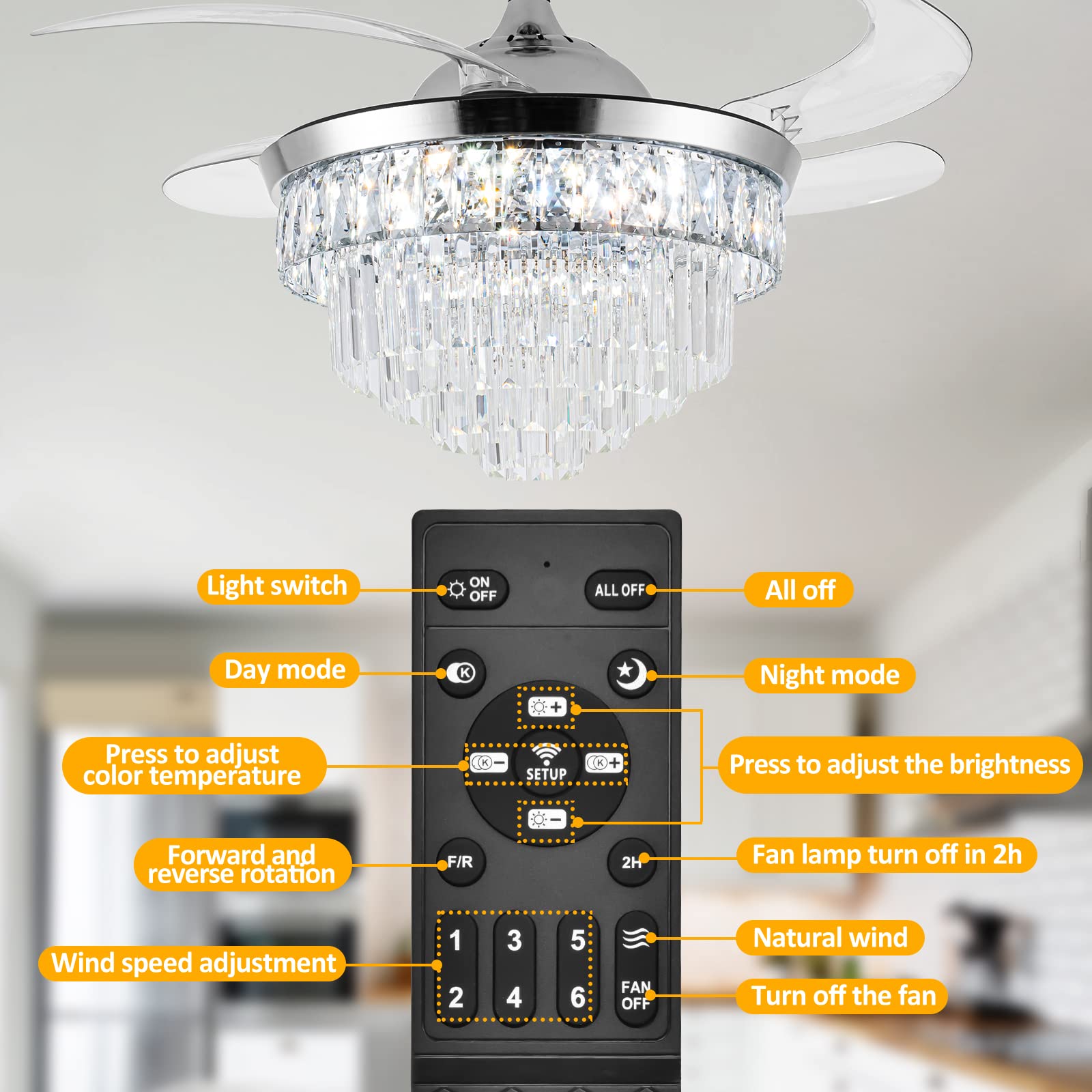 42 Inch Crystal Ceiling Fan with LED Light - Dimmable Modern Chandelier Fan, 6 Speed Retractable Blades for Bedroom, Living Room & Dining Room | Energy Efficient Cooling & Elegant Lighting Solution for Home Decor