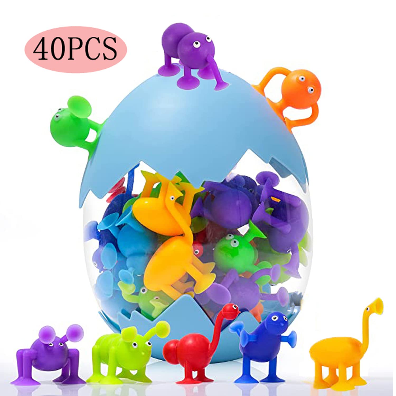 40PCS Animal Suction Bath Toys for Kids Ages 3-7 - 8 Different Animal Shapes, Sensory Stress Relief Toys, Silicone Building Blocks with Suction Cups - Perfect for Bathtime Fun, Travel Entertainment & Dinosaur Eggshell Gift Set