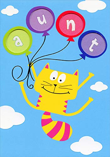 Designer Greetings Cat Floating with Balloons Birthday Card - Fun Die-Cut Window Greeting Card for Kids to Give Aunt - Perfect for Birthdays, Thank You Notes & Special Occasions