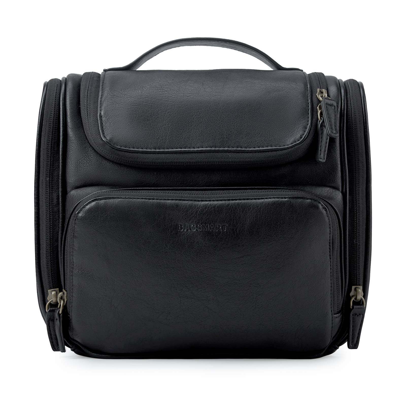 BAGSMART Large Hanging Leather Toiletry Bag for Women & Men - Water-resistant Travel Organizer with Full-Sized Container Space for Toiletries, Brushes & Shaving Kit (Black) - Perfect for Air Travel, Camping & Gym Essentials
