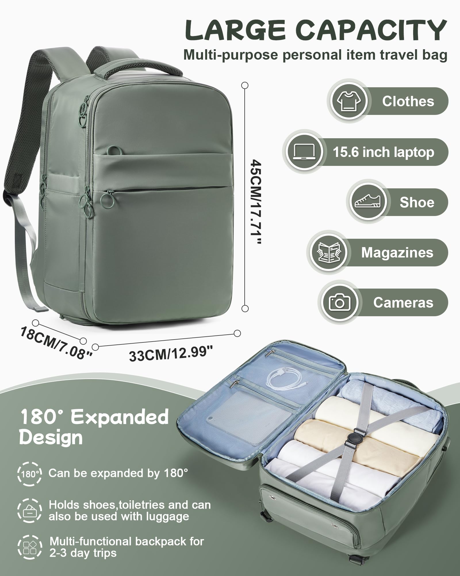 Large Travel Backpack Carry On - Flight Approved 40L Backpack for Women & Men, Airplane Personal Item Bag with USB Charging Port - Perfect for Business Trips, Weekend Getaways & International Travel (Green)