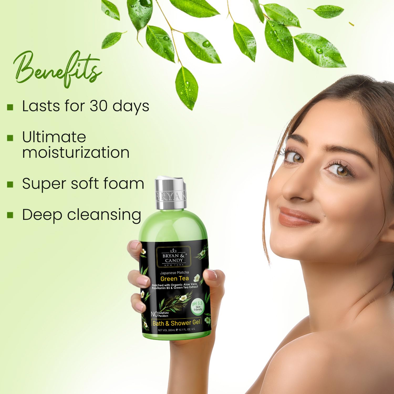 Bryan & Candy Green Tea & Aloe Vera Shower Gel (300ml) - Gentle Moisturizing Body Wash for Soft Skin | Refreshing Daily Cleanser for Dry & Sensitive Skin | Perfect for Morning Energy Boost & Nighttime Relaxation