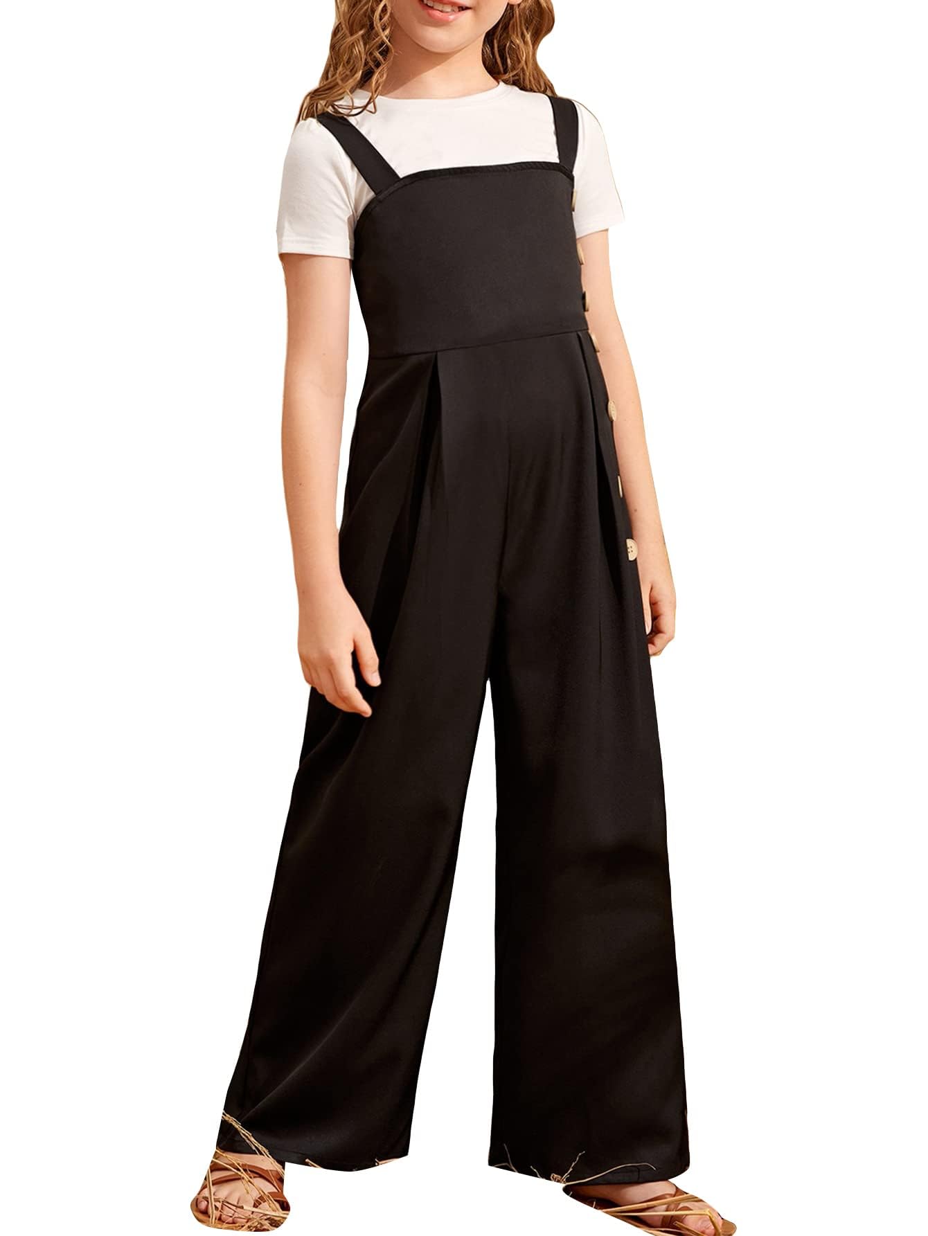 SHENHE Girls Sleeveless Denim Overalls - High Waisted Button Down Jumpsuit with Wide Leg & Adjustable Suspenders | Casual Outfit for School, Playdates & Summer Adventures