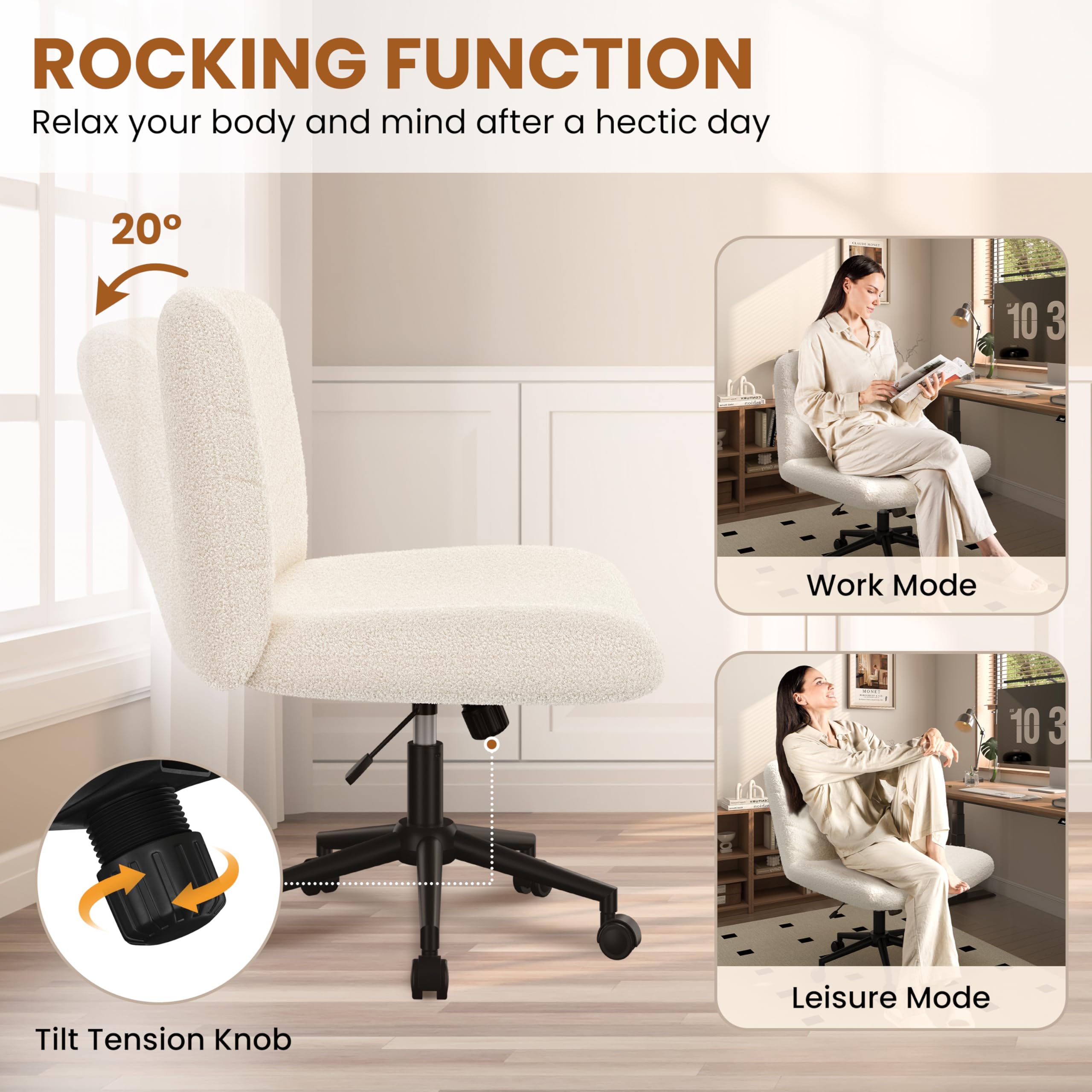 Yaheetech Wide Criss Cross Chair with Wheels - Armless Swivel Office Desk Chair with Comfortable Cross-Legged Design, Computer Chair for Home Office & Vanity (Ivory) - Perfect for Workstations, Gaming & Makeup Areas