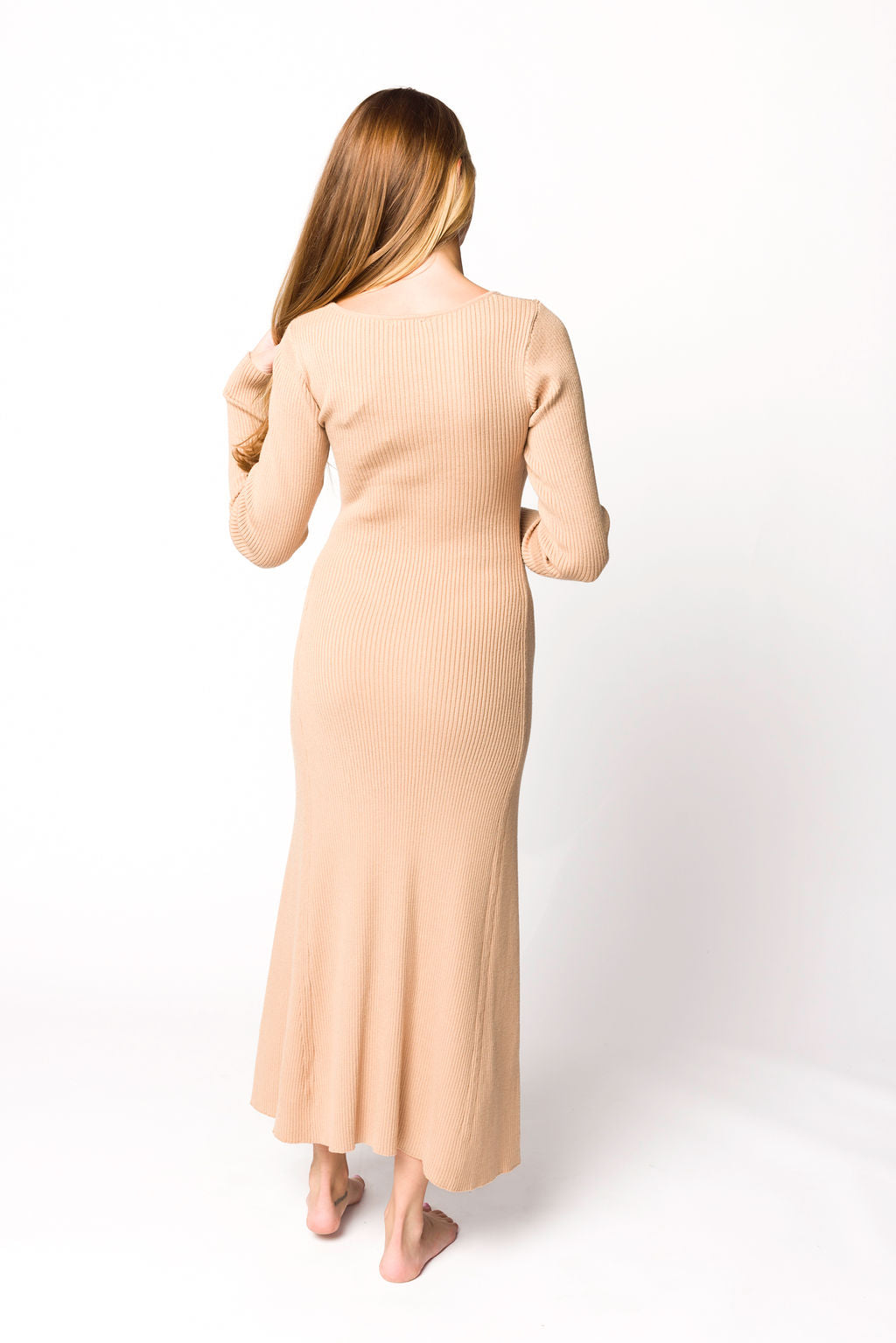 Alison Women's Knit Sweater Maxi Dress - Soft Long Sleeve Wrap Dress in Almond Beige | Perfect for Fall Winter, Date Night & Office Wear