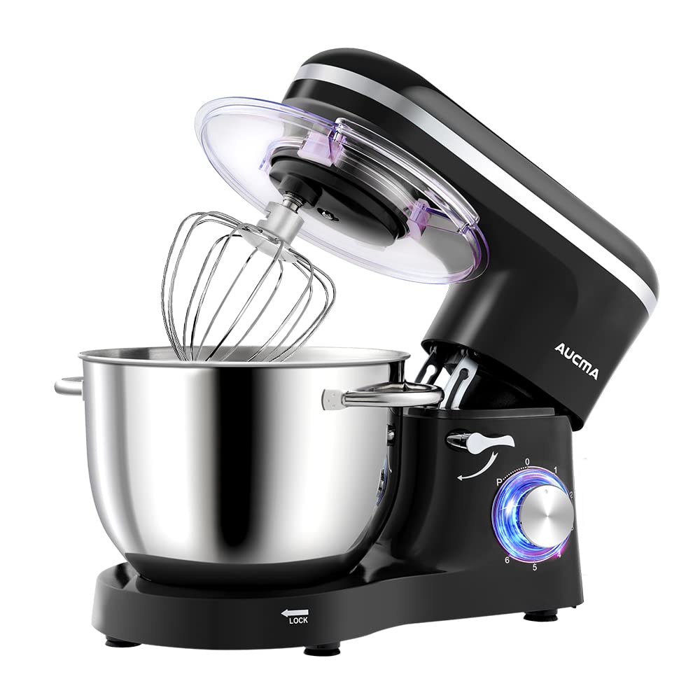 Aucma 6.2L Stand Mixer for Baking - Electric Kitchen Mixer with Stainless Steel Bowl, Dough Hook, Wire Whip & Beater (Black) - Perfect for Cakes, Cookies, Bread & Pastry Making