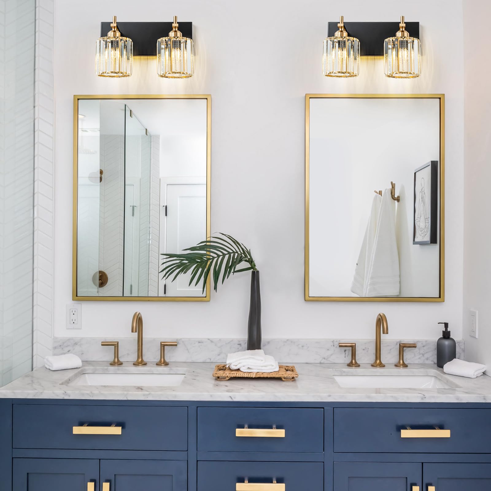 2-Light Crystal Bathroom Vanity Lights - Black Gold Modern Mirror Lighting Fixtures with Polished Gold Finish for Bathroom, Powder Room & Dressing Area | Elegant Wall Sconce for Vanity Mirror Illumination