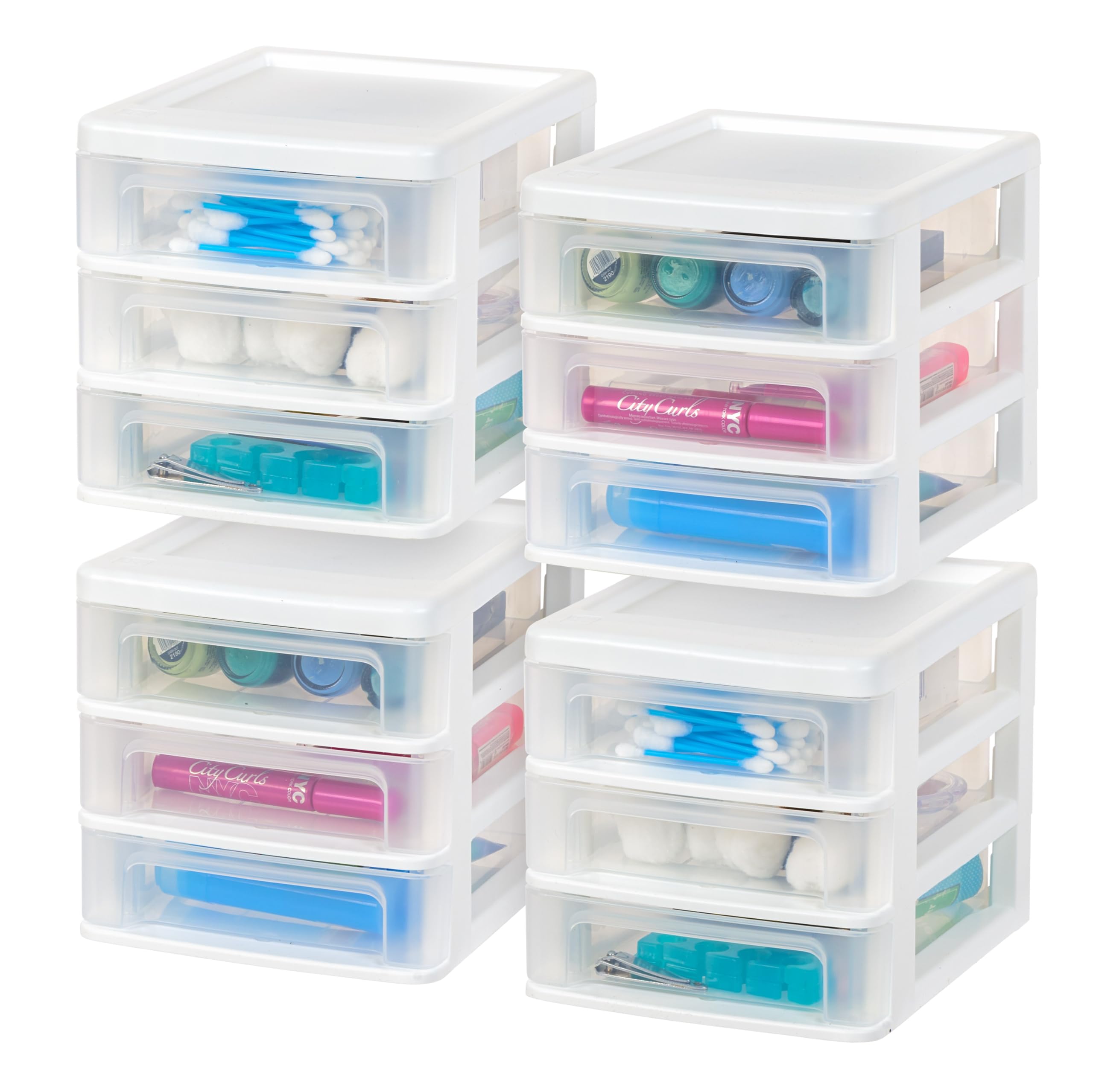 IRIS USA Plastic Stacking Desk Top 3-Drawer Storage Organizer, 4-Pack - White Small Drawers for Vanity, Nail Polish, Bathroom, Office, Craft & Kitchen Organization | Perfect for Makeup, Stationery, Art Supplies & Small Item Storage in Home, Garage or Workspace