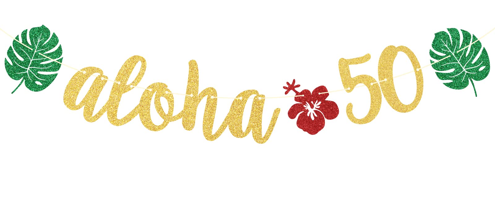 Aloha 50th Birthday Banner - Hawaiian Tropical Luau Party Decorations with Gold & Green Glitter Palm Leaves - Perfect for Beach Themed Parties, Anniversary Celebrations & Hawaiian Theme Events