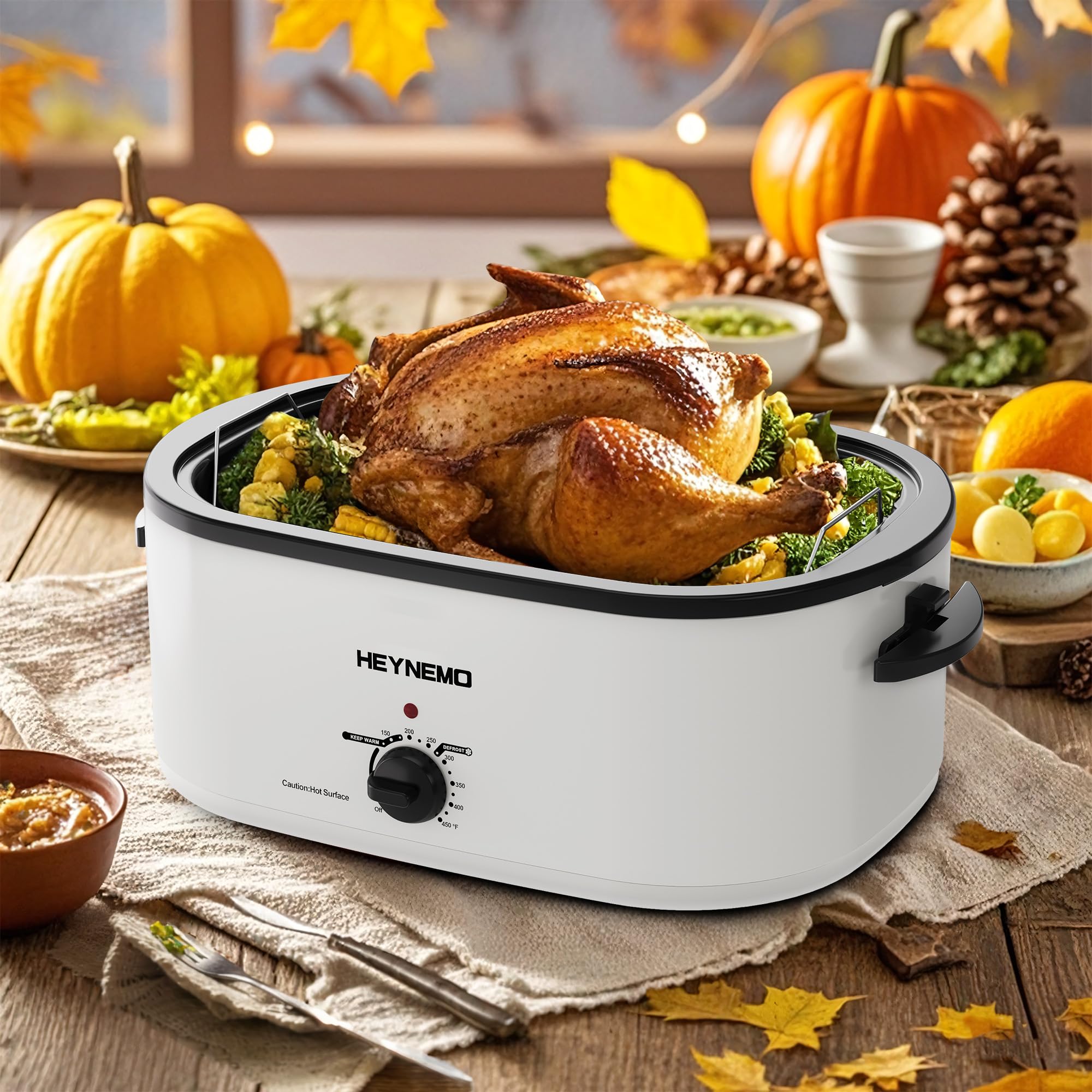 26 Quart Stainless Steel Electric Roaster Oven with Visible Self-Basting Lid, Large Turkey Roaster with Defrost & Warm Function, Adjustable Temperature & Removable Pan Rack, White - Perfect for Holiday Feasts & Family Gatherings