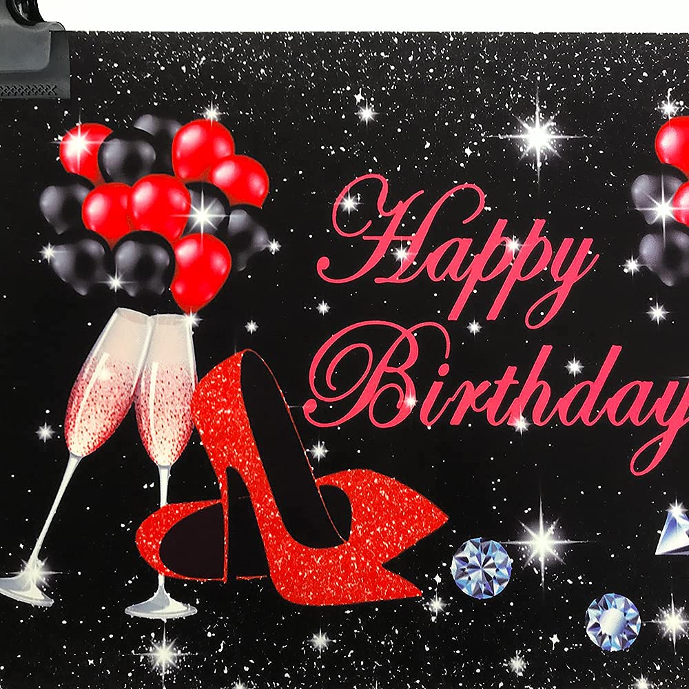 Silver & Black Happy Birthday Photography Backdrop with High Heels, Champagne Glasses & Red Balloons - 7x5ft Party Background for Women's Birthday, Photo Studio Booth Props - Perfect for Adult Celebrations, Bachelorette Parties & Social Media Photos