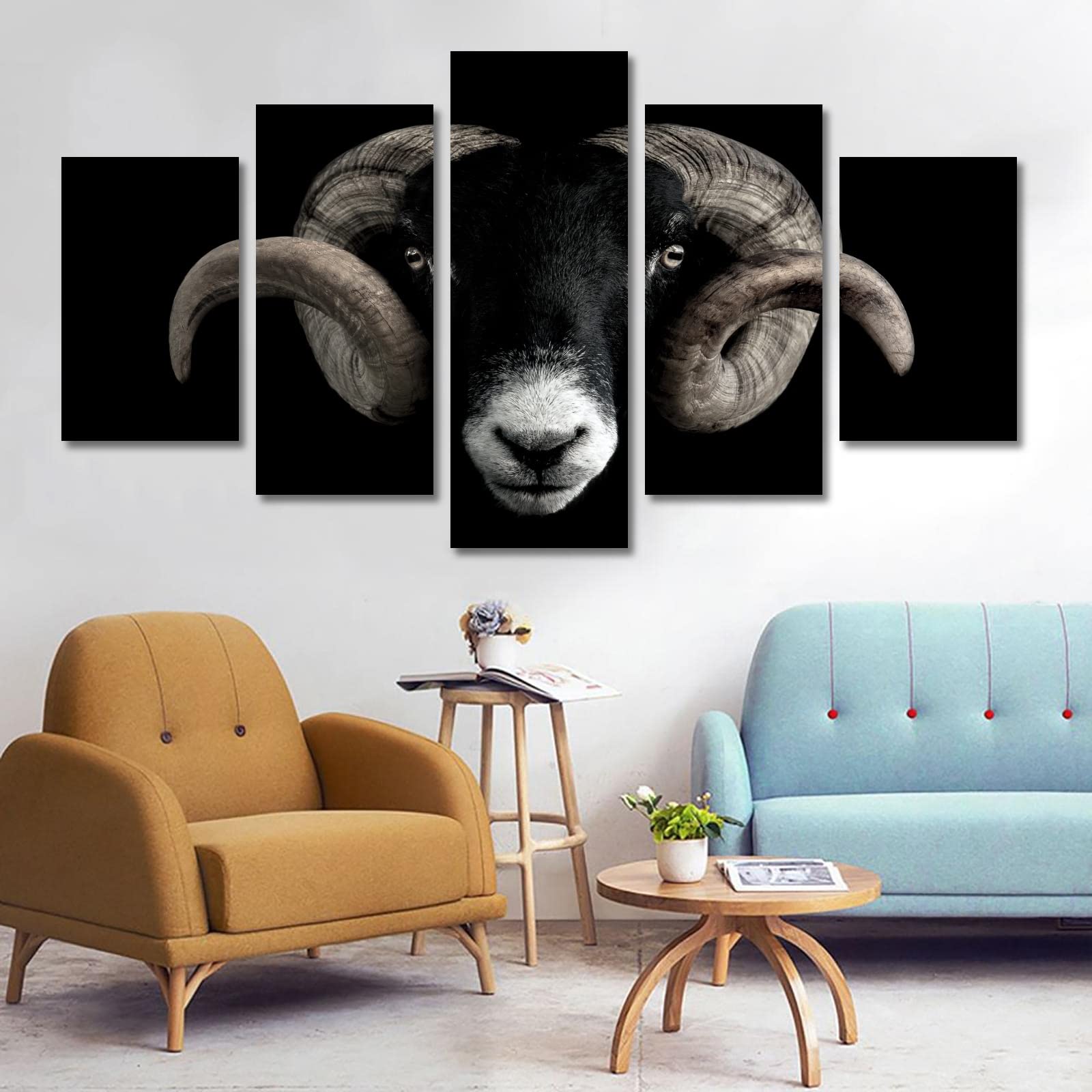 5-Piece Canvas Wall Art Set - Sheep & Goat Paintings, Framed 40x22 Inches, Large Living Room Decor - Perfect for Farmhouse, Rustic & Modern Home Interiors