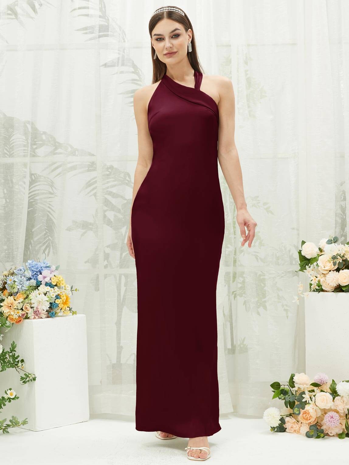 Elegant Burgundy Silk Satin Halter Neck Sheath Dress for Bridesmaids - Perfect for Weddings, Formal Events & Evening Parties