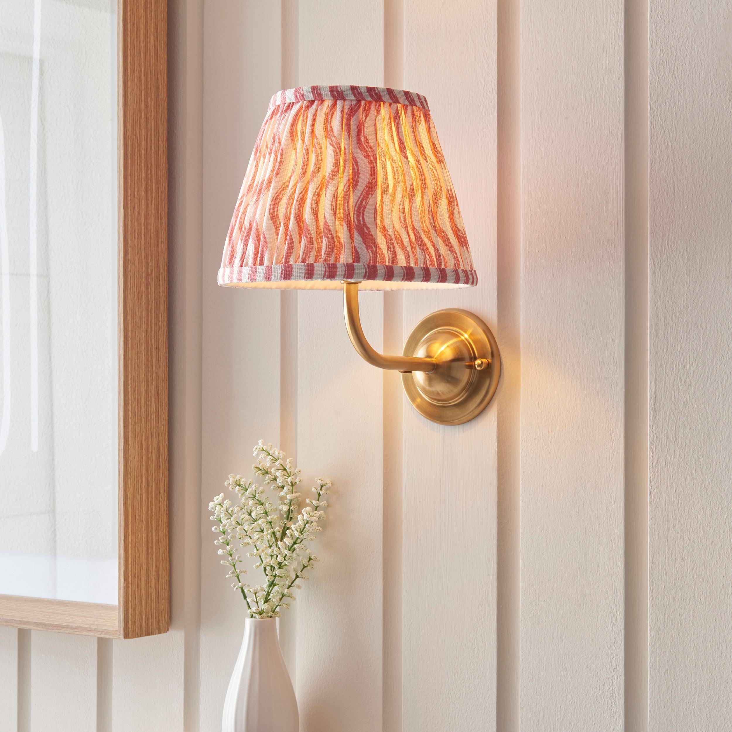 Brass Wall Light with Dome Arc Design & 20cm Coral Pink Ripple Shade - Perfect for Bedroom, Living Room, and Hallway Lighting