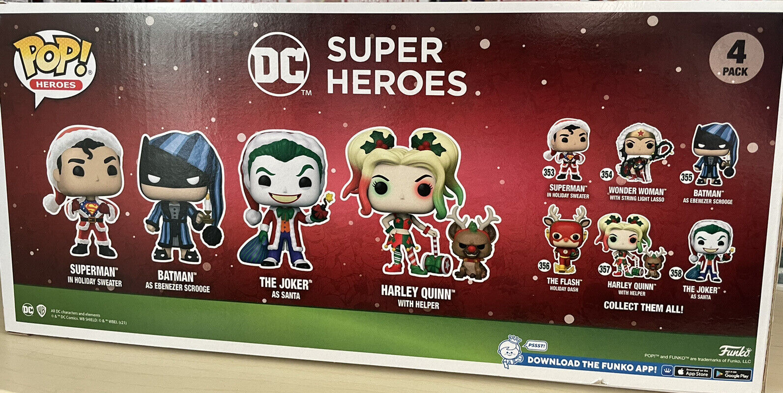 Funko DC Super Heroes Holiday Pop! Vinyl Figures 4-Pack - Superman, Harley Quinn, Joker Santa & Scrooge Batman - Perfect for Christmas Decor, Superhero Collectibles and Gift Giving