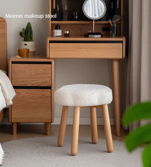 Nordic Style Solid Wood Makeup Stool - Beech & Birch with Lamb Velvet Cloud Cushion for Vanity, Dressing Table, and Bedroom Decor