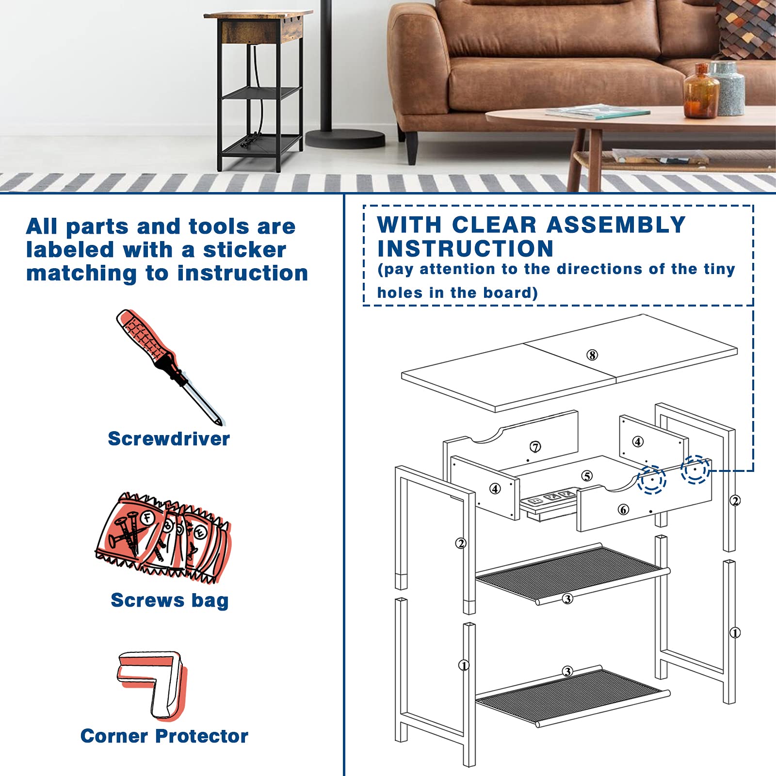 SAUCE ZHAN Narrow End Table with USB Ports & Outlets, Small Space Sofa Side Table with Storage Shelf - Charging Station Nightstand for Bedroom, Living Room, Office - Brown Wood Finish | Perfect for Compact Spaces, Phone Charging & Bedside Storage