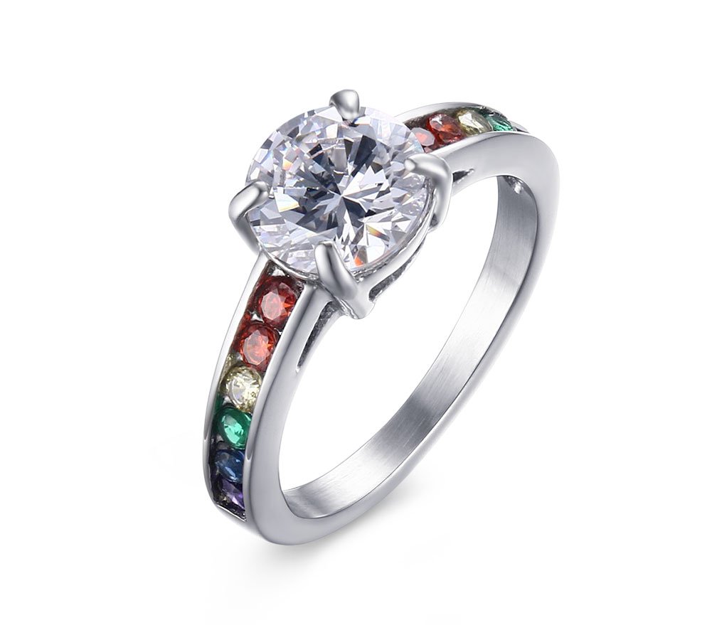Jaline Silver Lesbian Pride Rainbow Ring with CZ Stones - LGBT Wedding & Engagement Band for Women - Perfect for Pride Events, Commitment Ceremonies & LGBTQ+ Celebrations