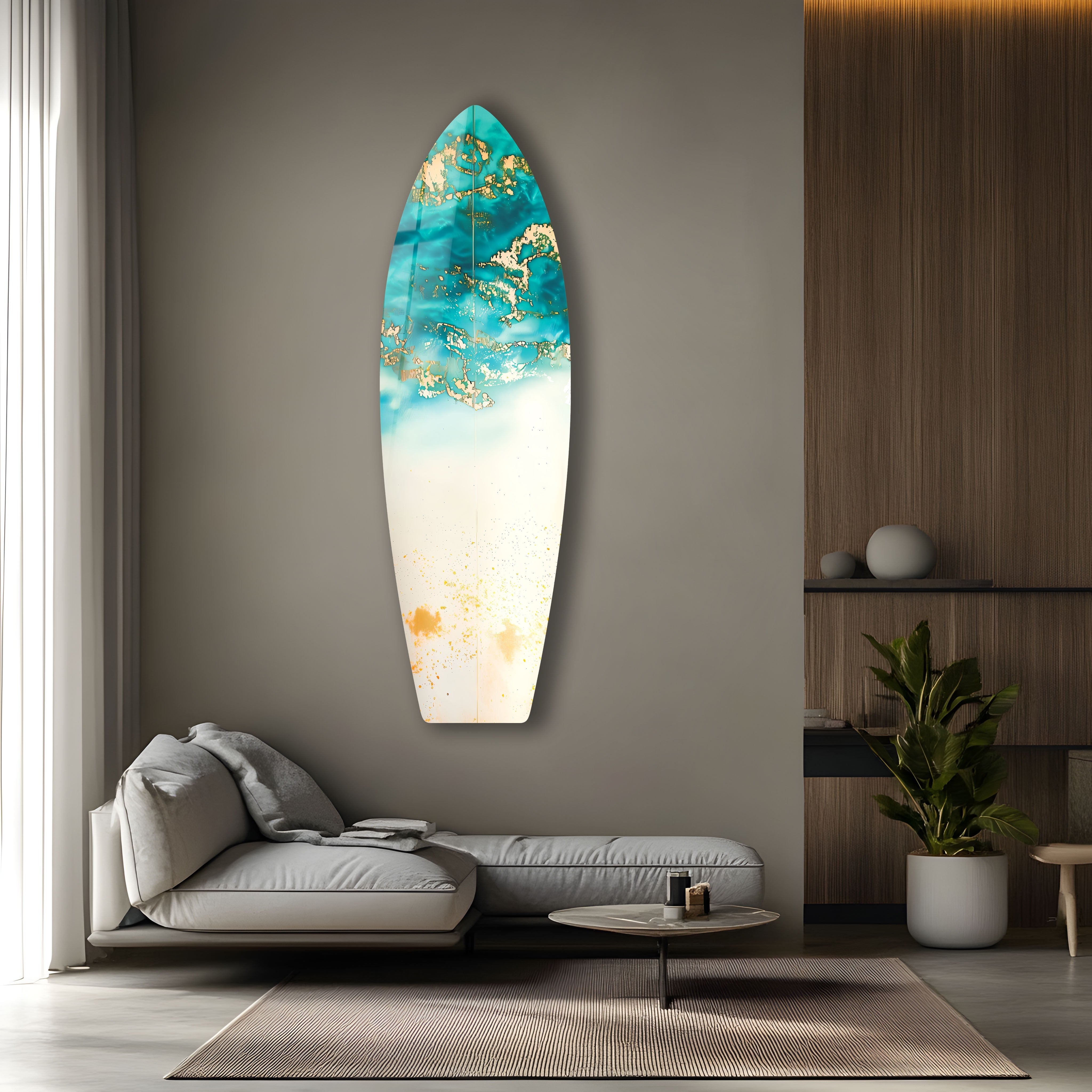 Blue Abstract Golden Details Surfboard Wall Art - Coastal Decor for Beach House, Living Room & Bedroom - Perfect Surfing Theme Home Decoration