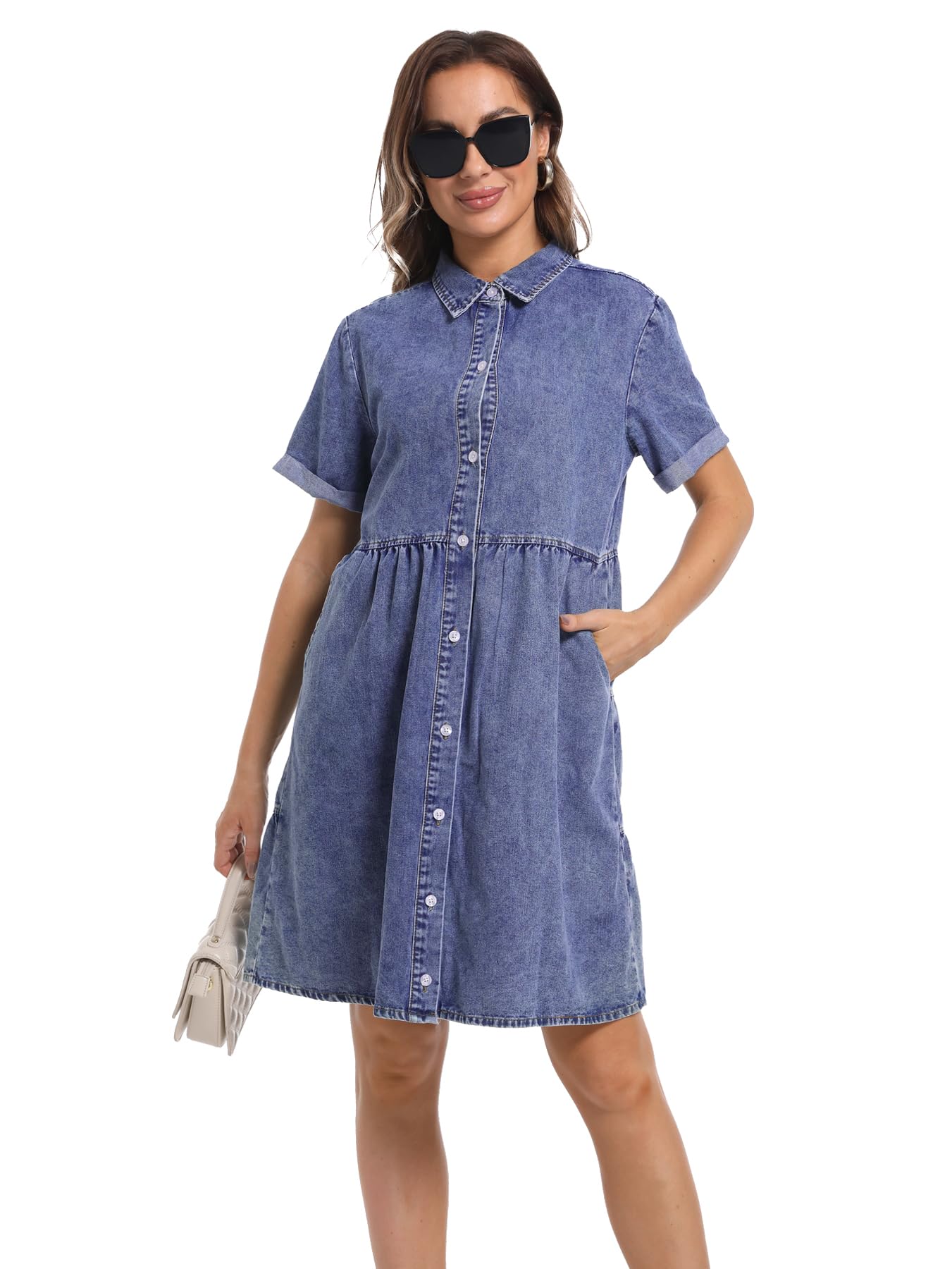 Women's Denim Dress Short Sleeve Button Down Summer Casual Jean Tunic Top - Perfect for Beach Outings, Date Nights & Everyday Wear