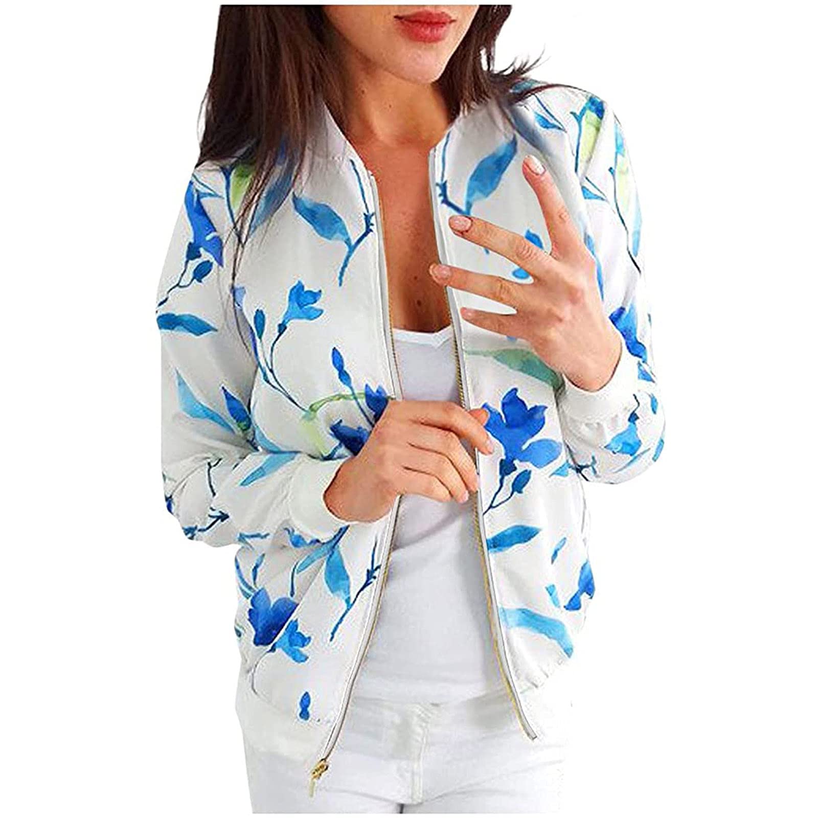 Women's Stretch Bomber Jacket - Long Sleeve Zip-Up Casual Coat with Print Design for Spring & Summer | Outdoor Wear, Street Style, Travel Fashion