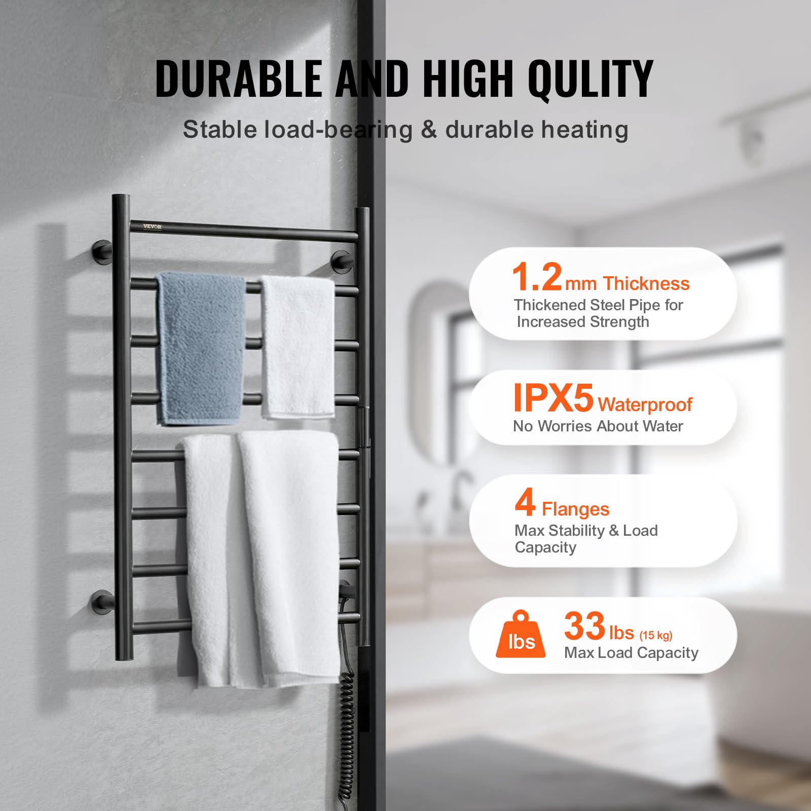 VEVOR 8-Bar Wall Mounted Heated Towel Rack for Bathroom - IPX5 Waterproof Towel Warmer with Timer, LED Display & 5 Adjustable Temperature Settings - Perfect for Spa, Luxury Hotels & Home Bathroom (Black)