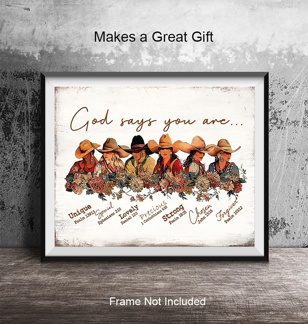 Rustic Christian Wall Art - Inspirational Scripture Decor for Farmhouse & Cowgirl Bedrooms - God Says You Are Poster - Boho Country Western Home Decor - Perfect for Women's Gifts & Shabby Chic Room Decorations